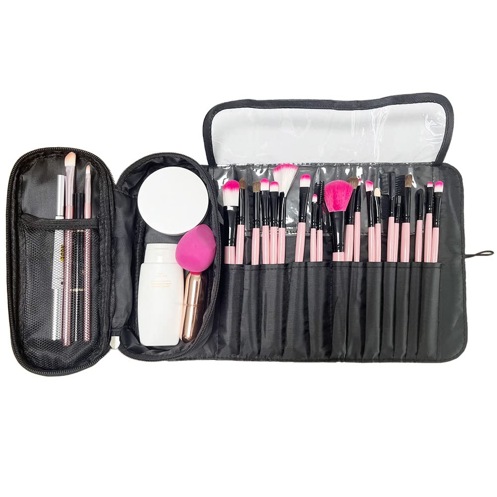 Portable Makeup Brush Organizer Bag - Waterproof Cosmetic Travel Case with Zipper - Foldable Multi-Functional Brush Holder for Makeup Artists & Travel (Perfect for On-the-Go Touch Ups & Professional Kit Organization)