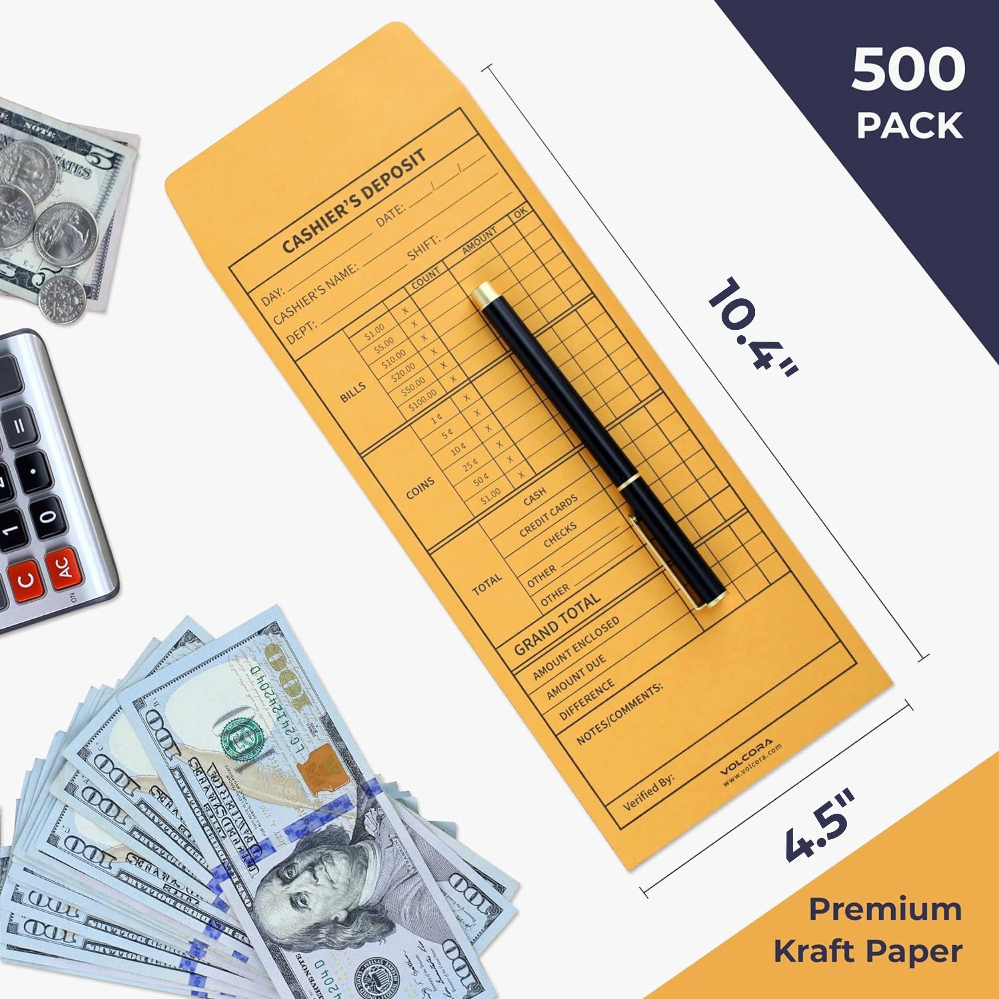 Volcora 500 Pack Self-Adhesive Cash Deposit Envelopes - Brown Kraft Bank Deposit Slips for Retail, Restaurants & Small Businesses - Perfect for Daily Cash Handling, Safe Money Storage & Organized Financial Transactions