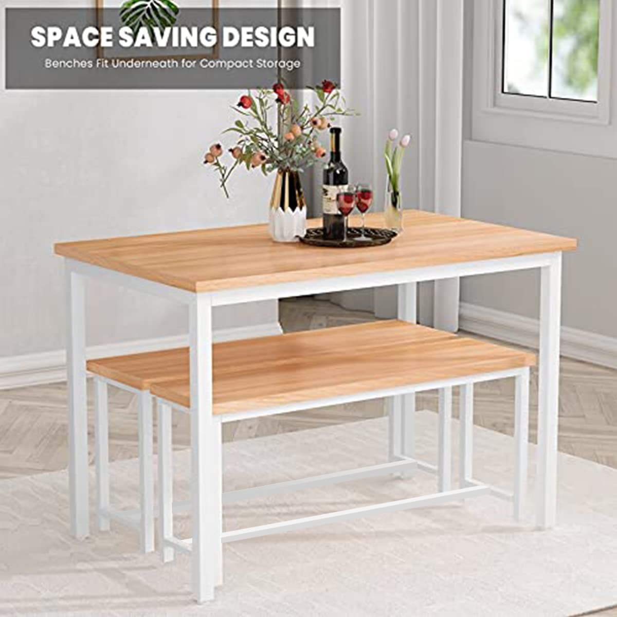 AWQM 3-Piece Dining Table Set with 2 Benches - Metal Frame & MDF Board Kitchen Table for 4 People - Perfect for Home, Breakfast Nook, Farmhouse, or Small Space Dining | Compact Dining Solution for Apartments, Kitchens & Cozy Cafes
