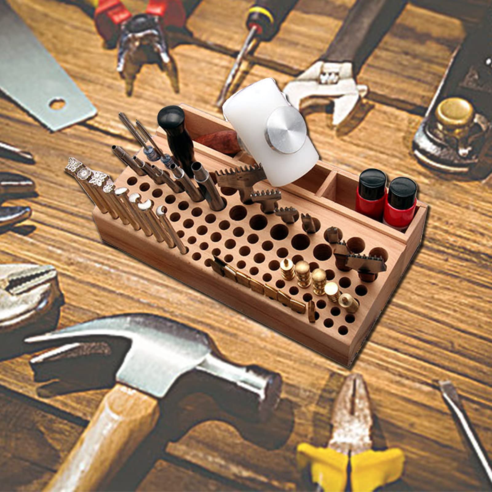 Premium Leather Craft Tool Organizer - 98 Hole Wooden Leatherworking Tool Stand with 3 Storage Slots | Large Leather Craft Storage Rack for Sewing, Stamping & Carving Tools | Perfect for Workshops & DIY Leather Projects