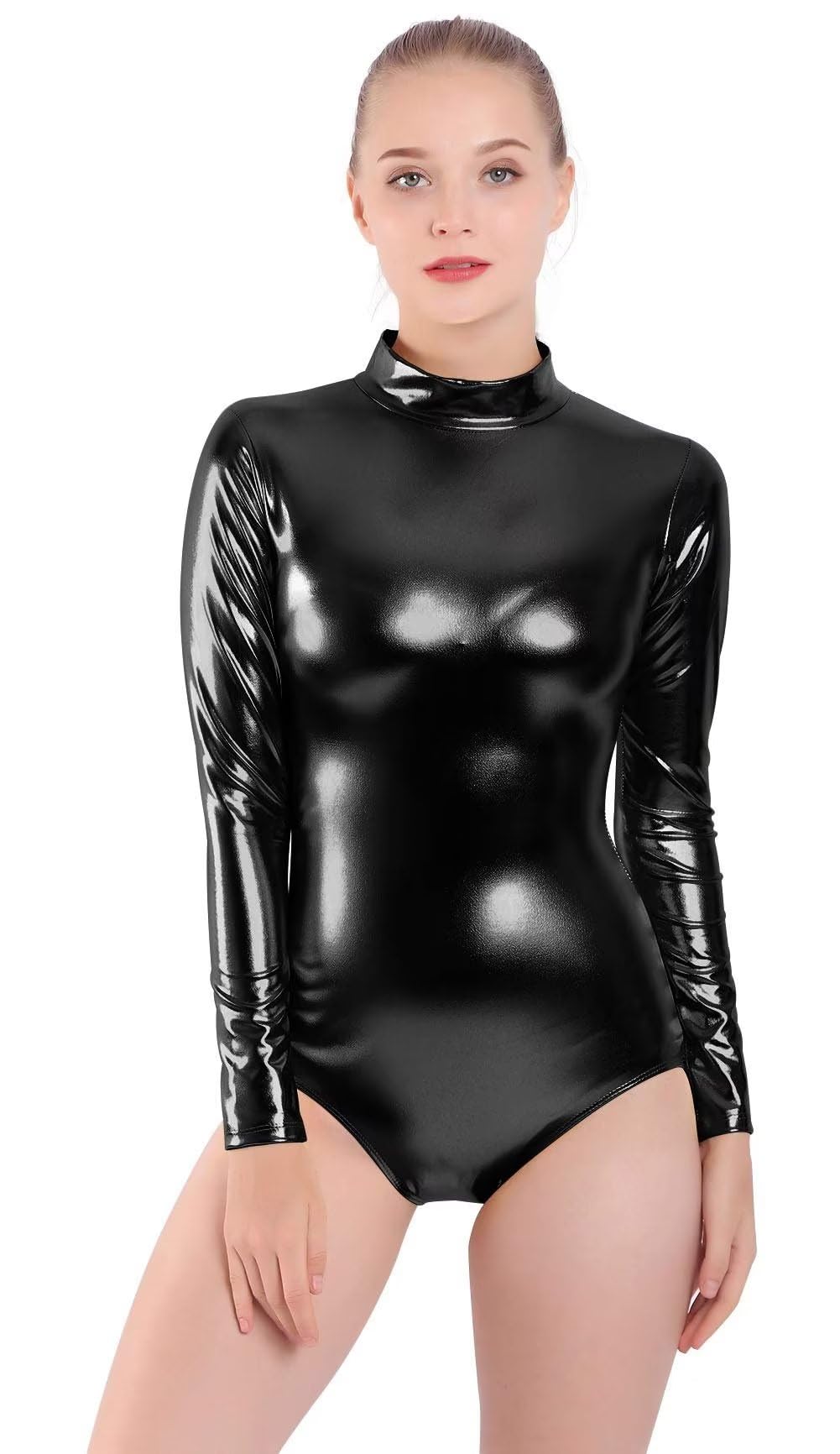 Shiny Metallic Long Sleeve Bodysuit for Women - Latex Dance Leotard with Turtleneck | Perfect for Dance Performances, Costume Parties & Nightclub Outfits