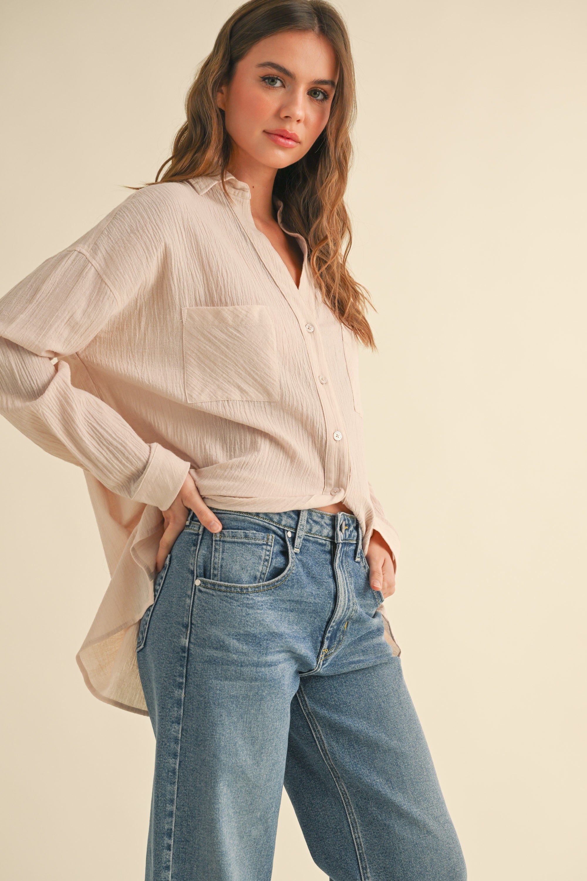 Beige Cotton Gauze Oversized Button Down Shirt for Women | Soft & Breathable Loose Fit Blouse | Perfect for Casual Wear, Beach Cover-Up & Boho Outfits