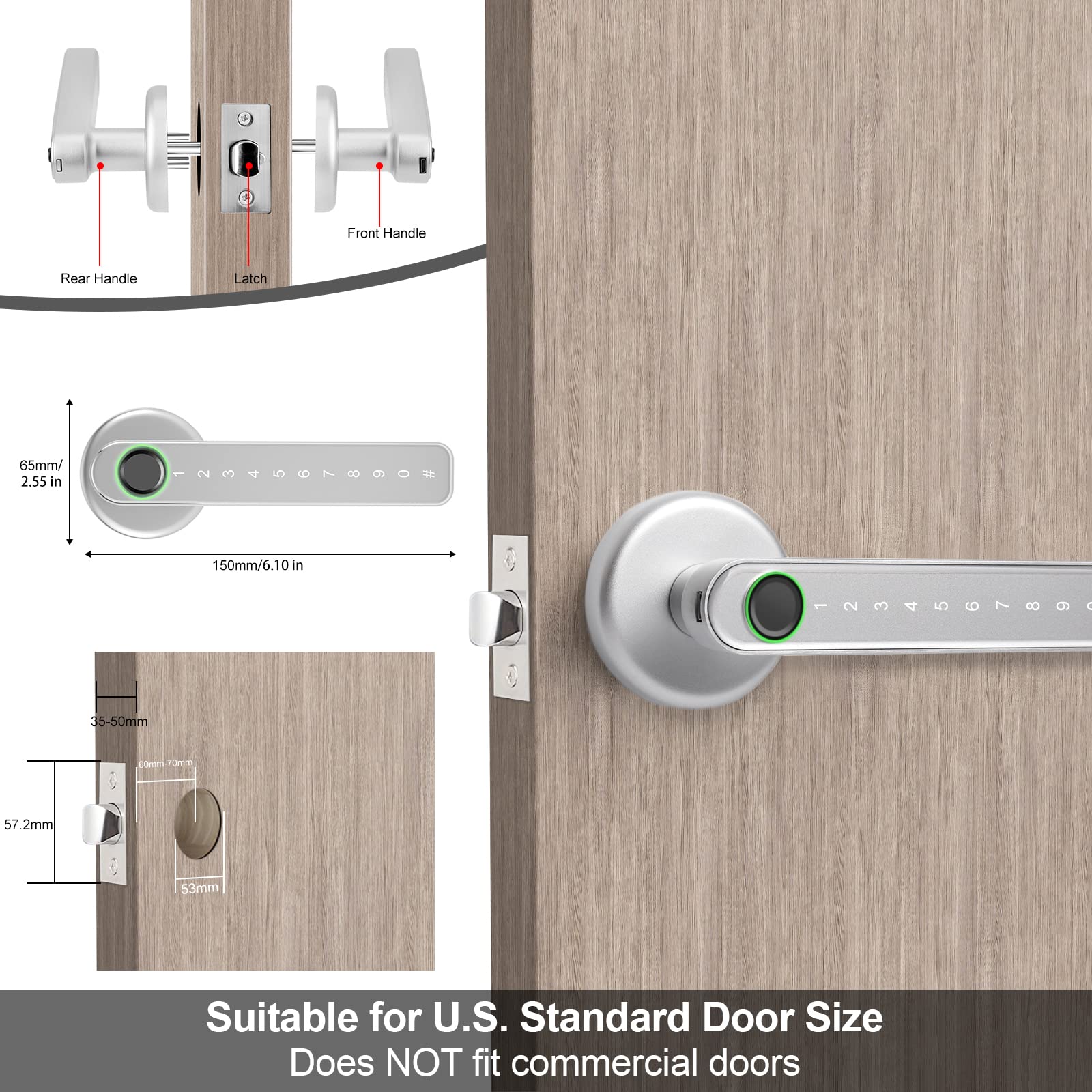 Smart Door Lock - Keyless Entry, Fingerprint & Bluetooth/WiFi App Control, Secure Digital Door Lock with Keypad & Handle for Front Door, Apartment, Office - Silver | Perfect for Home Security & Smart Access Control