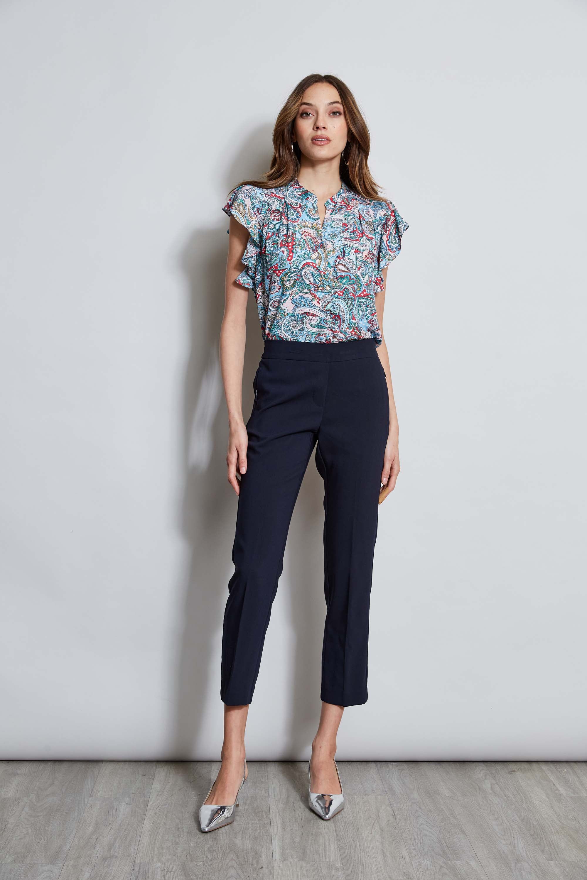 Tahari Women's Paisley Print Flutter Sleeve Blouse - Elegant Flowy Top for Office, Date Night & Spring Outfits