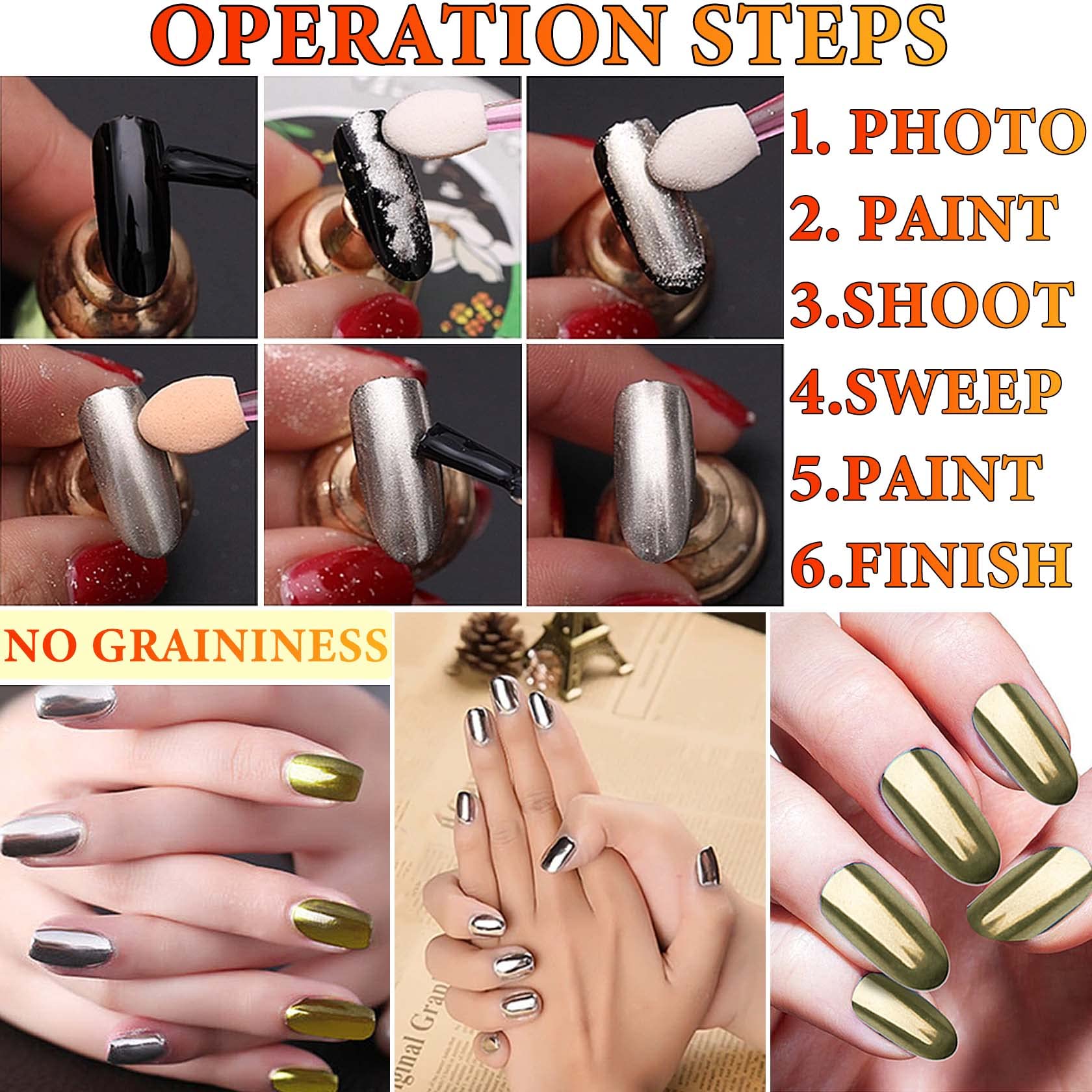 2 Colors Gold & Silver Chrome Nail Powder - Holographic Metallic Nail Art Powder with Mirror Glitter Effect | Professional Chrome Pigment Dust with Sponge Applicator | Perfect for Nail Salon, DIY Manicure & Home Nail Art Designs