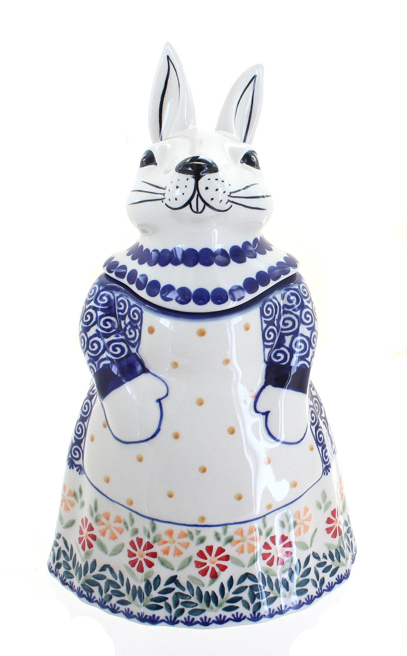 Blue Rose Polish Pottery Cookie Jar with Garden Bouquet Rabbit Design - Elegant Kitchen Storage for Cookies, Tea Bags & Dry Goods - Perfect for Farmhouse, Cottagecore & Vintage Style Home Decor