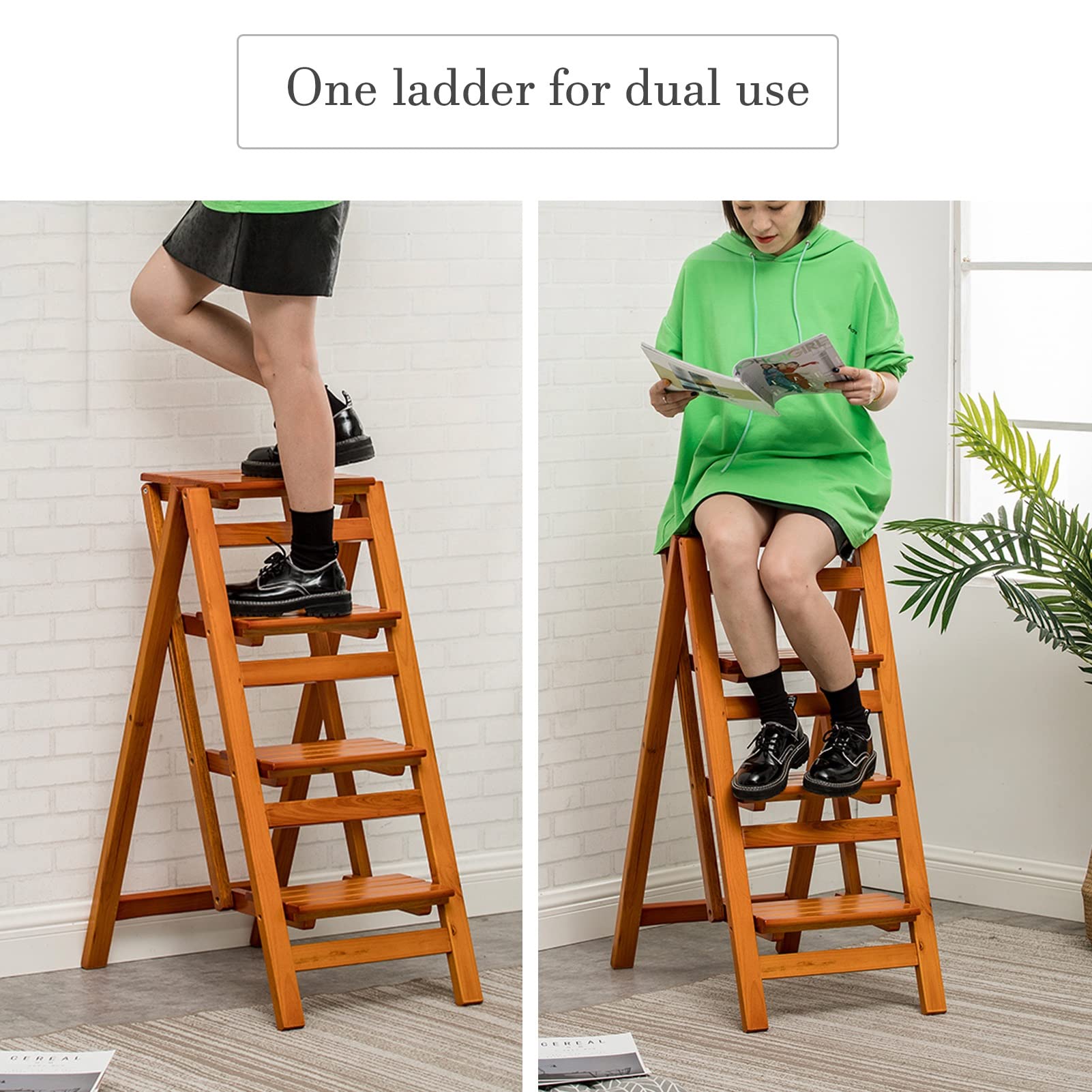 XHALERY 4-Step Wooden Ladder Stool - Foldable Portable Step Stool Chair for Home, Library, Kitchen - Non-Slip Safety Step Ladder for Reaching High Places (Perfect for Shelves, Cabinets & Home Organization)