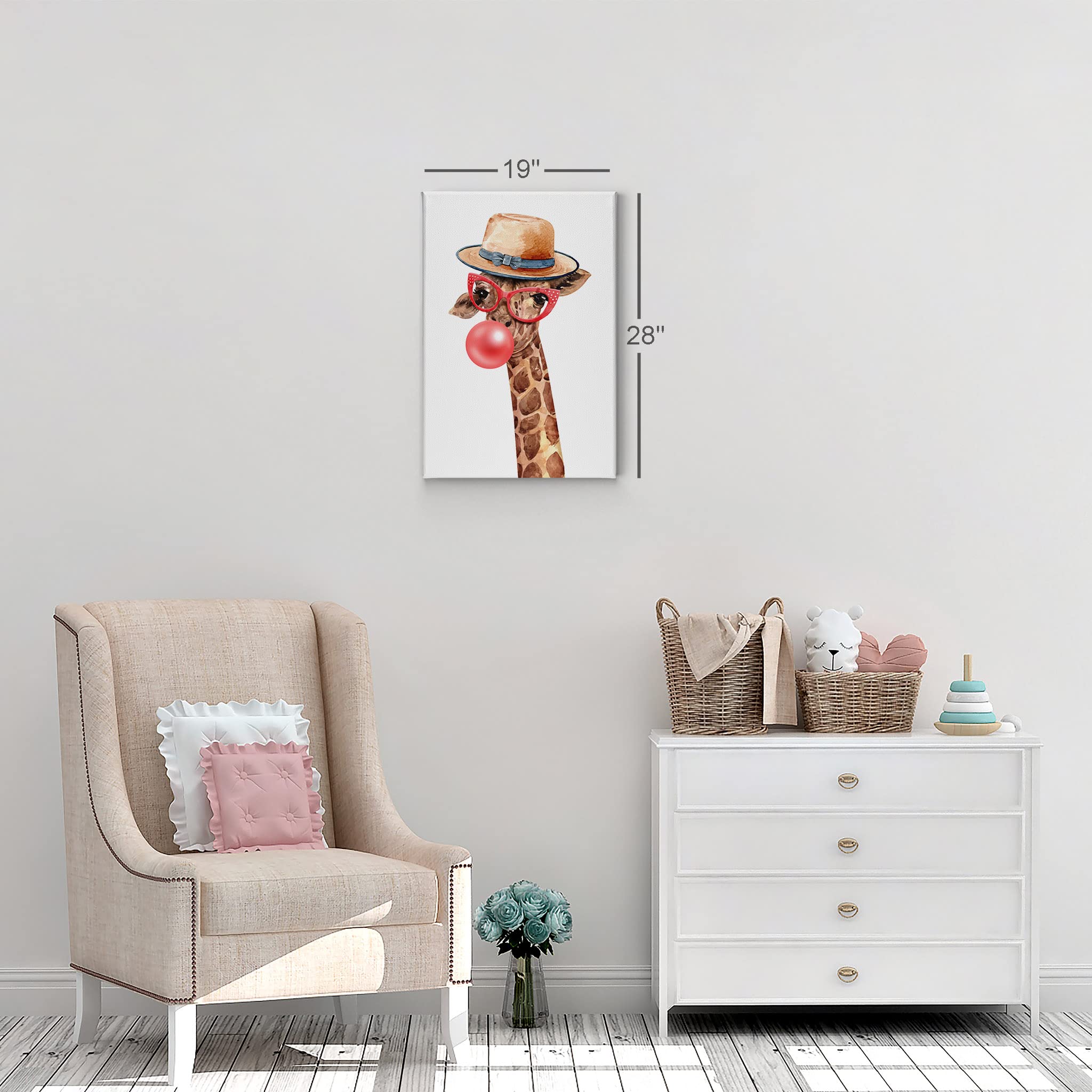 Giraffe Wearing Hat & Red Glasses Chewing Bubble Gum Canvas Wall Art Print - 40x30