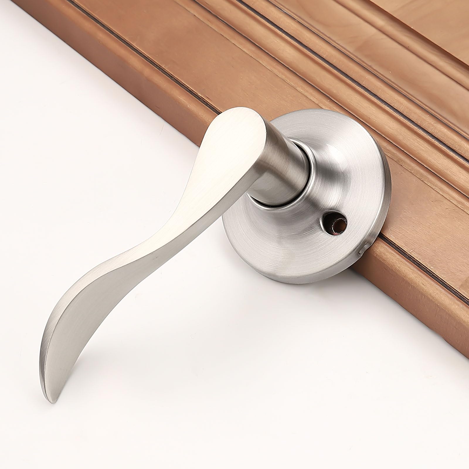 GobeKor 6 Pack Brushed Nickel Half Dummy Lever Door Handles - Left-Handed Non-Turning Interior Door Locks for Closet & French Doors - Perfect for Bedrooms, Bathrooms, and Home Office Spaces