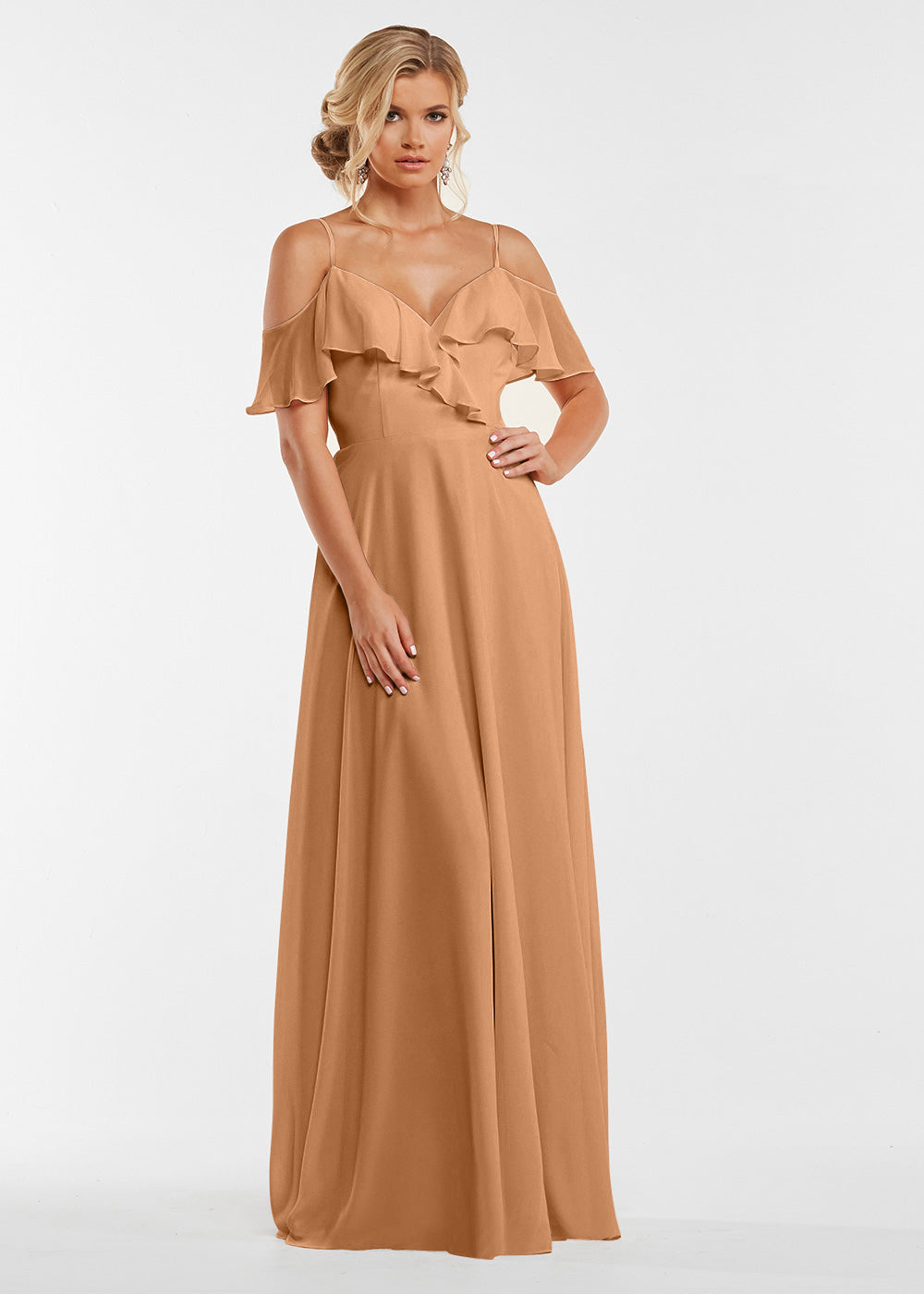 Elegant Off Shoulder Ruffled Chiffon Bridesmaid Dress - A-Line Flowy Design for Weddings, Parties & Special Occasions