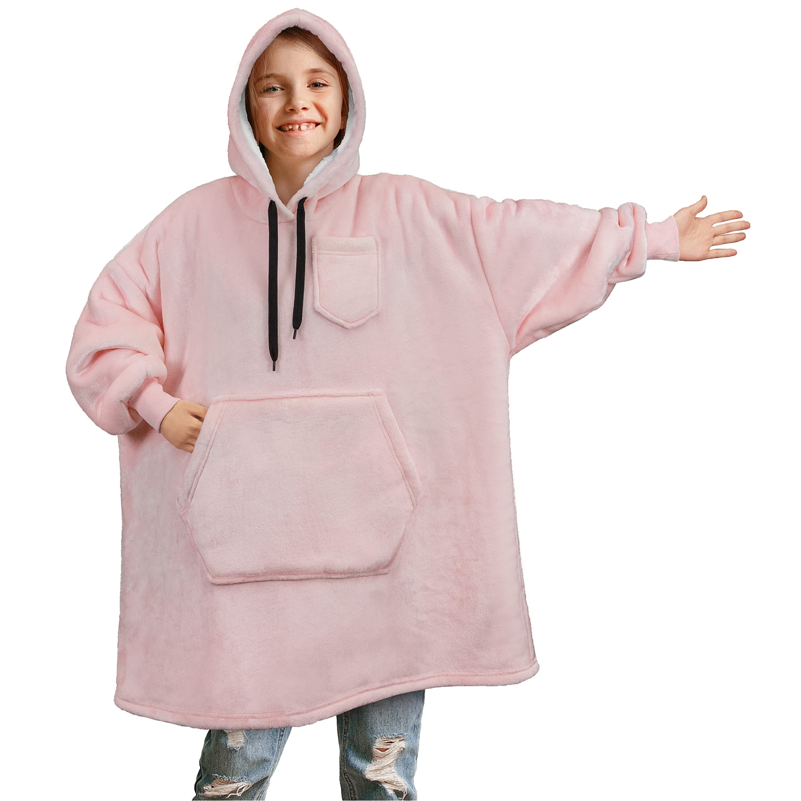 PAVILIA Wearable Blanket Hoodie for Kids - Light Pink Fleece Sherpa Oversized Sweatshirt with Sleeves & Big Pocket | Warm Cozy Giant Blanket for Boys & Girls | Perfect for Indoor Lounging, Movie Nights & Winter Camping