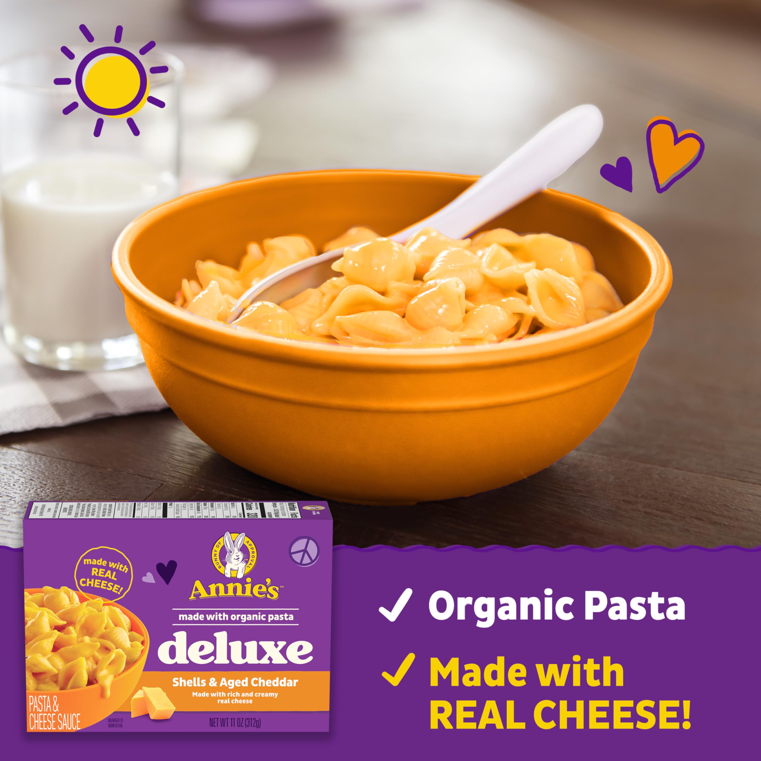 Organic Annie's Deluxe Shells & Aged Cheddar Mac and Cheese - 11 oz Box | Made with Organic Pasta & Real Cheese Sauce | Quick Dinner, Side Dish or After-School Snack | Perfect for Family Meals, Kids Lunches & Comfort Food Cravings