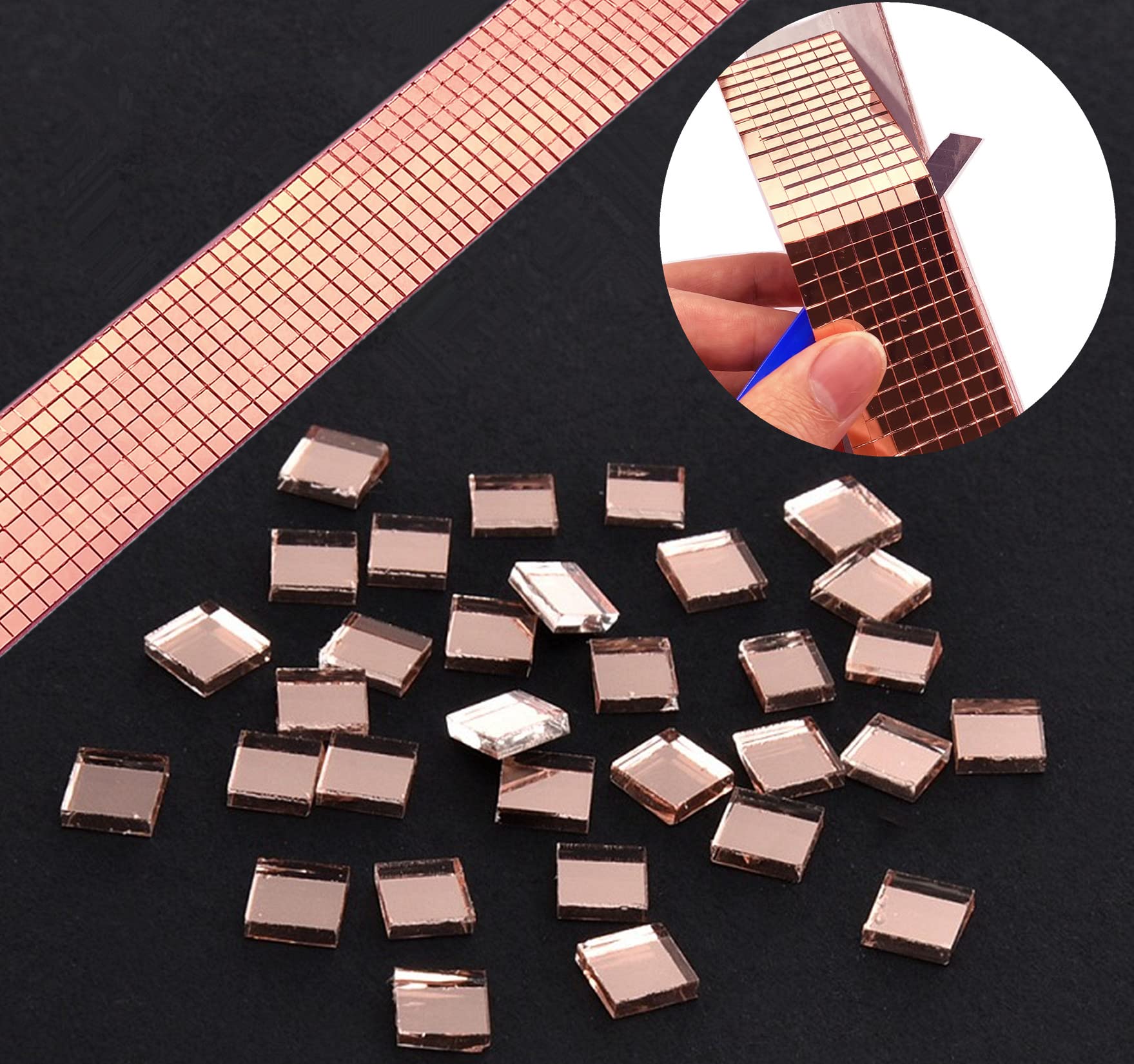 10 Rolls Rose Gold Real Glass Mosaic Tiles - 5mm x 5mm Mini Square Stickers (4800Pcs) - Self-Adhesive DIY Craft Decor for Home, Bathroom, Wall Art & Mirror Projects - 4X30cm Each Roll
