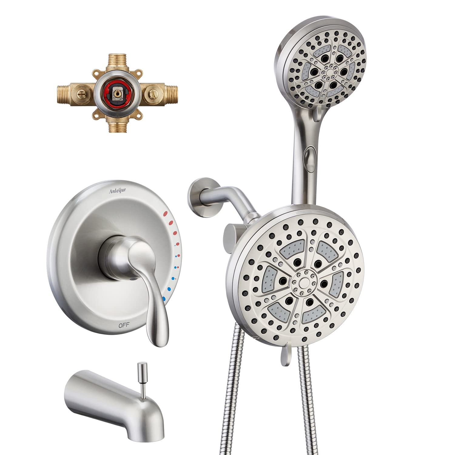 Anleijur High Pressure Shower Faucet Set with Handheld Shower Head - 56-Mode Dual 2 in 1 Shower System, Tub Spout & 3-Way Diverter - Brushed Nickel Single-Handle Shower Trim Kit - Perfect for Bathroom Renovation & Modern Home Upgrade