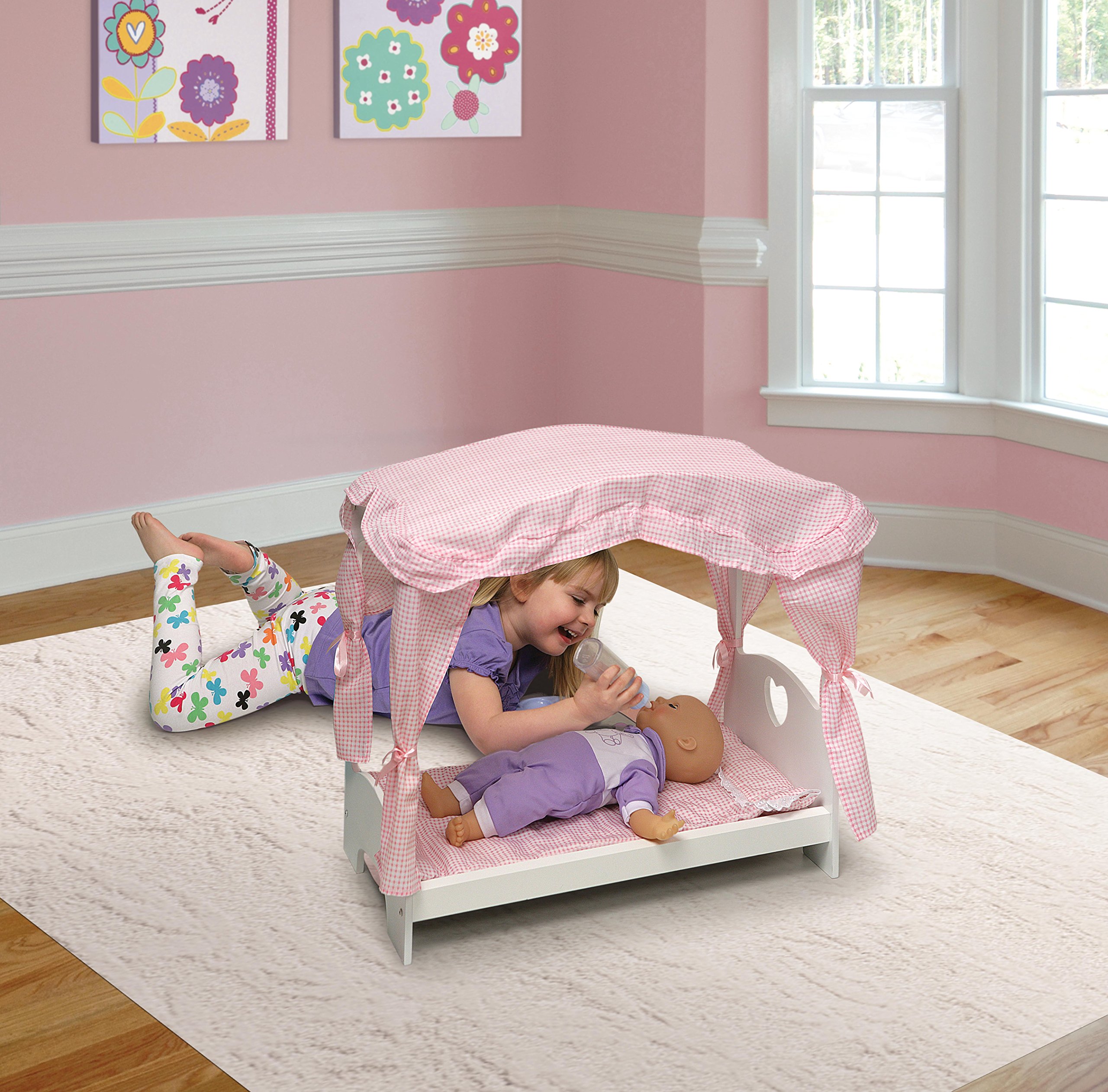 Badger Basket Doll Canopy Bed with Bedding Set for 18-20 Inch Dolls - Elegant White Wooden Design for American Girl & Other Large Dolls | Perfect for Imaginative Play, Room Decor & Gift Giving