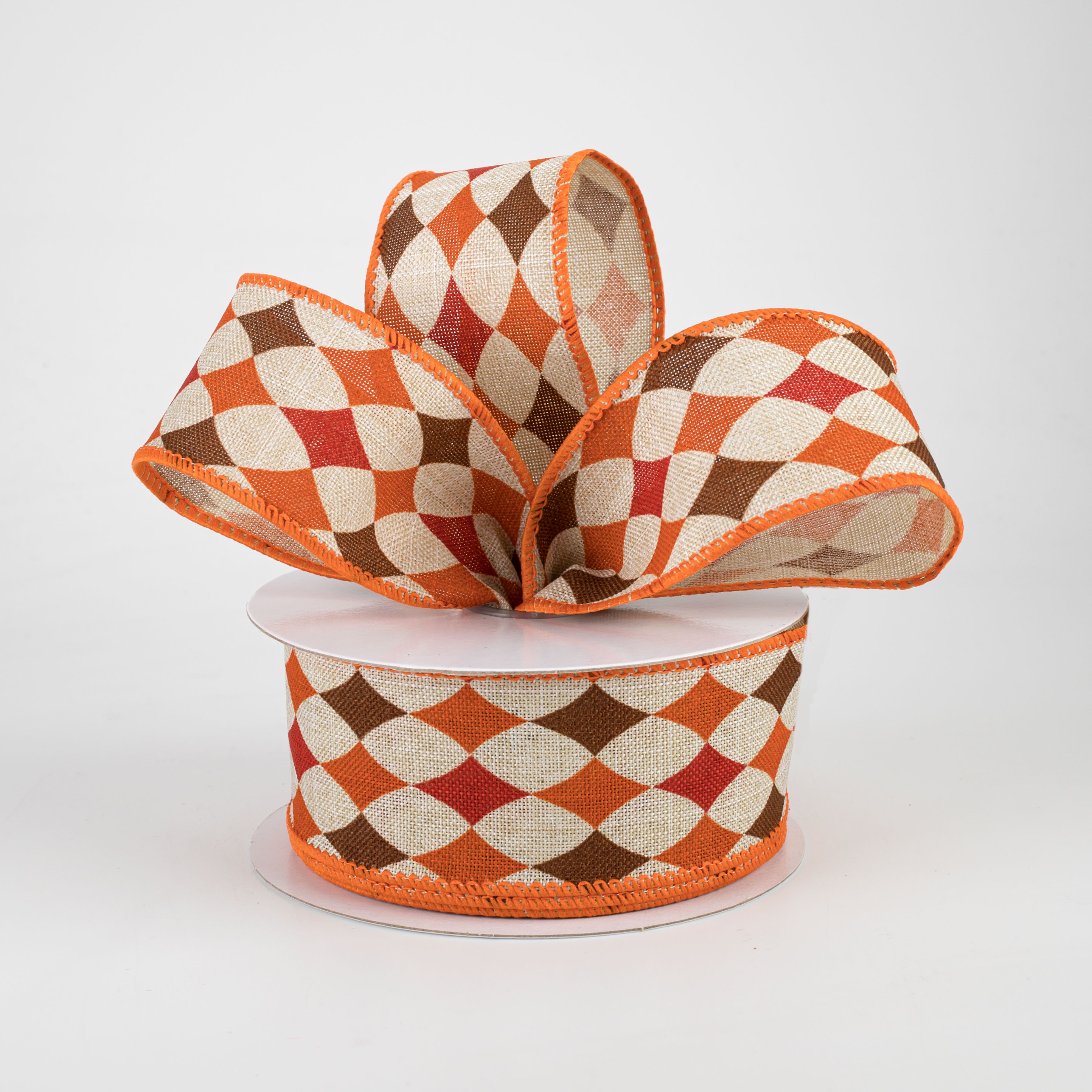 1.5 Inch Fall Diamond Ribbon in Orange, Brown & Burgundy - 10 Yards Bulk Spool for Autumn Crafts, Wreaths & Gift Wrapping