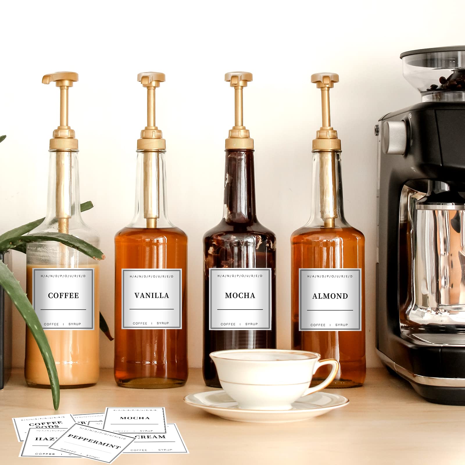 40PCS Waterproof Coffee Syrup Labels for Coffee Bar & Station - Durable Dispenser Bottle Labels for Home, Cafe & Office Use