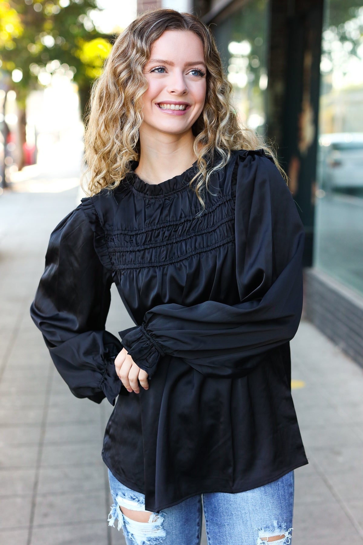 Black Satin Shirred Yoke Frilled Mock Neck Top for Women - Elegant Party & Evening Wear