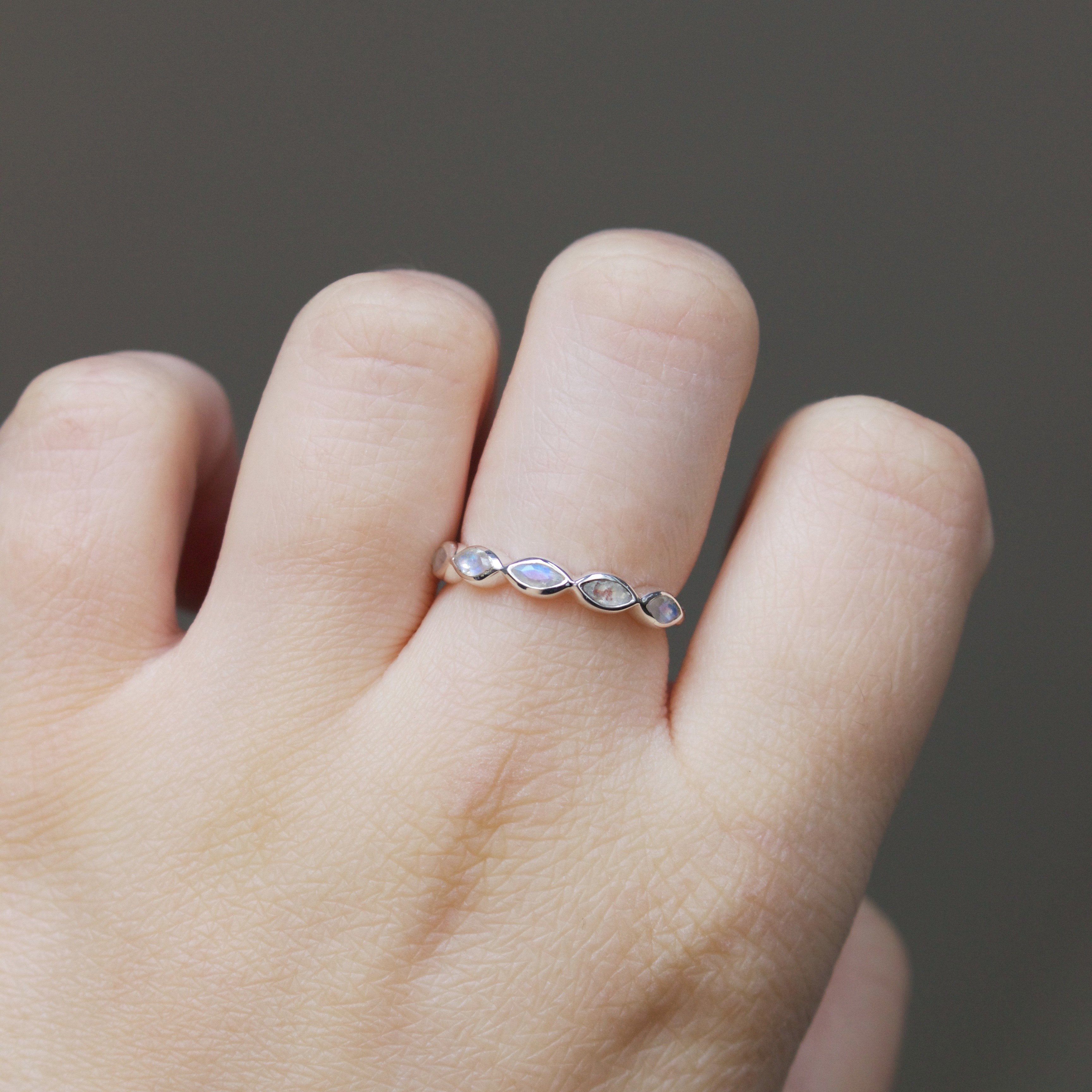Moonstone Marquise Gemstone Stacking Ring - Dainty Adjustable Silver Ring for Women, Perfect for Layering & Everyday Wear | Boho Jewelry Gift for Her