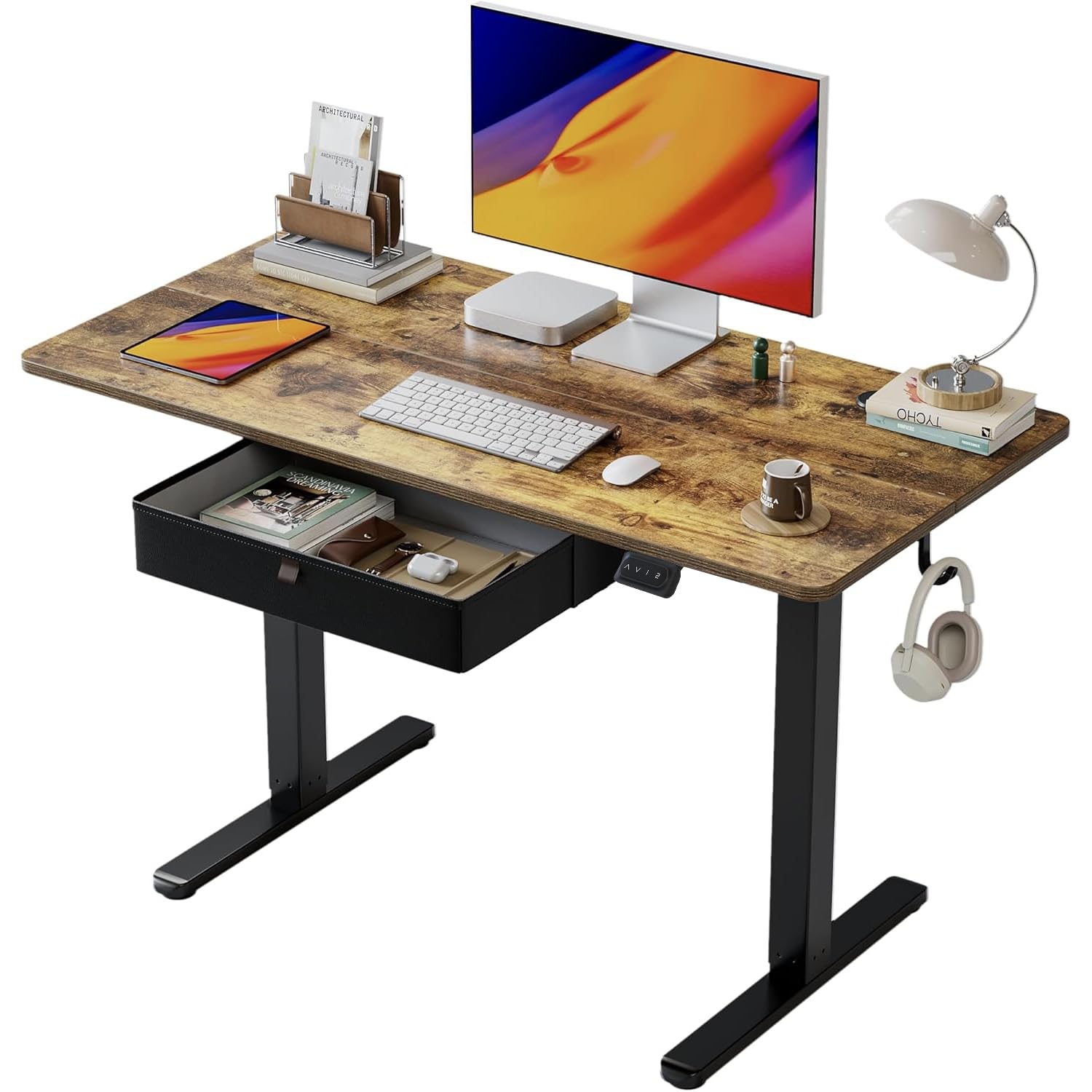 BANTI 48x24 Inches Electric Standing Desk with Drawer - Adjustable Height Sit Stand Workstation for Home Office - Ergonomic Computer Desk in Rustic Brown - Perfect for Remote Work, Gaming & Study Spaces