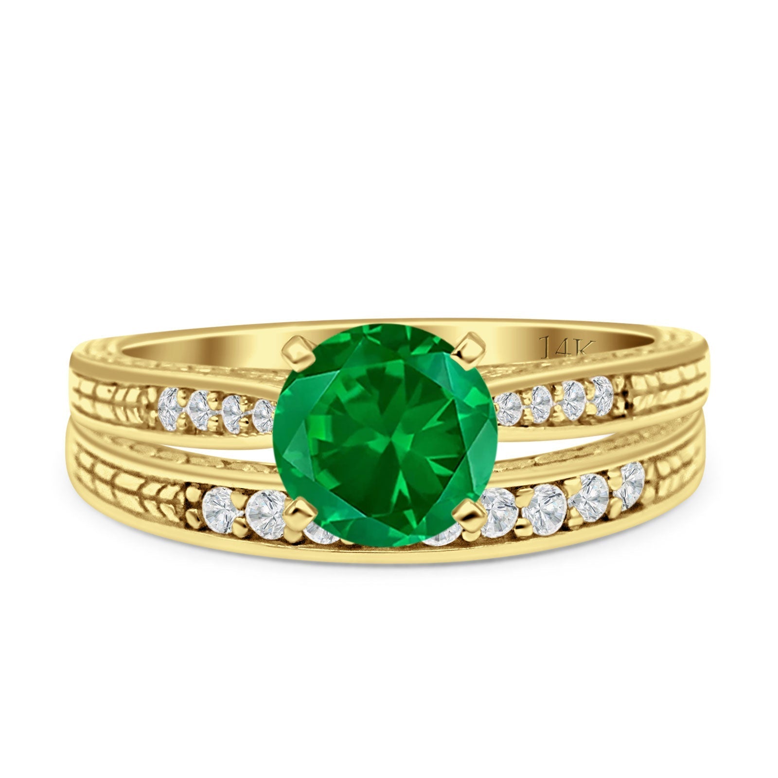 14K Yellow Gold Round Two Piece Green Emerald CZ Bridal Wedding Ring Set for Engagement, Anniversary & Special Occasions
