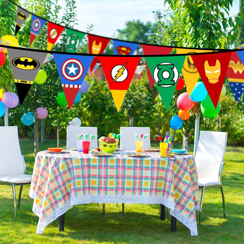 Superhero Birthday Banner - Happy Birthday Party Decorations for Kids & Adults - Fabric Pennant Garland for Baby Shower, Boys & Girls Room Decor - Perfect for Superhero Themed Parties & Home Decor