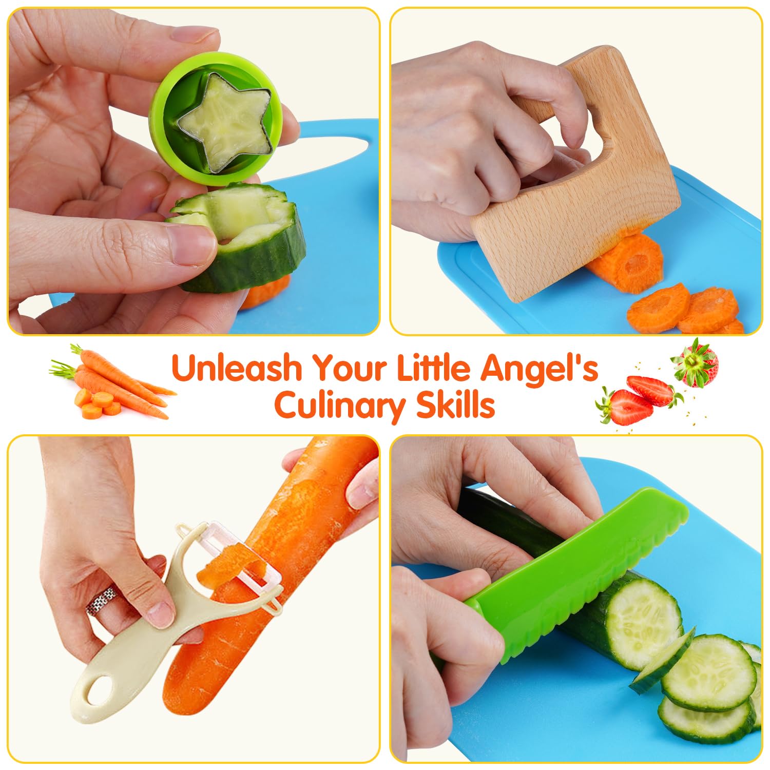 **Best Toddler Knife Set for Kids - Real Cooking Kitchen Tools with Chef Knives, Cutting Boards, Sandwich Cutters & Peeler - Perfect Gift for Boys & Girls Birthday - Safe for Baking, Meal Prep & Learning Cooking Skills**