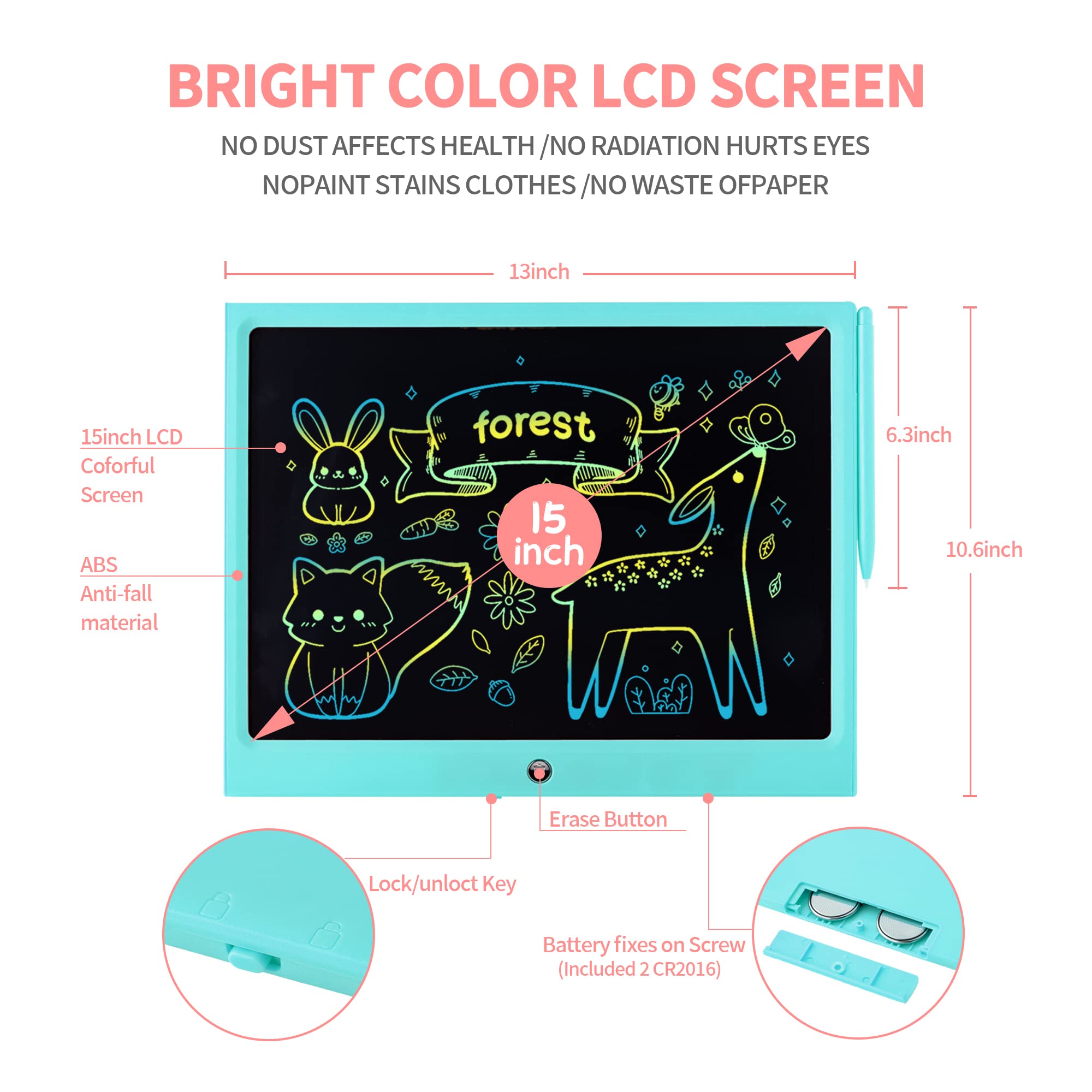 15 Inch LCD Writing Tablet for Kids - Colorful Electronic Doodle Board & Educational Drawing Pad | Perfect Christmas Birthday Gift for Boys & Girls Ages 3-9 | Ideal for Home, School & Travel Learning Activities