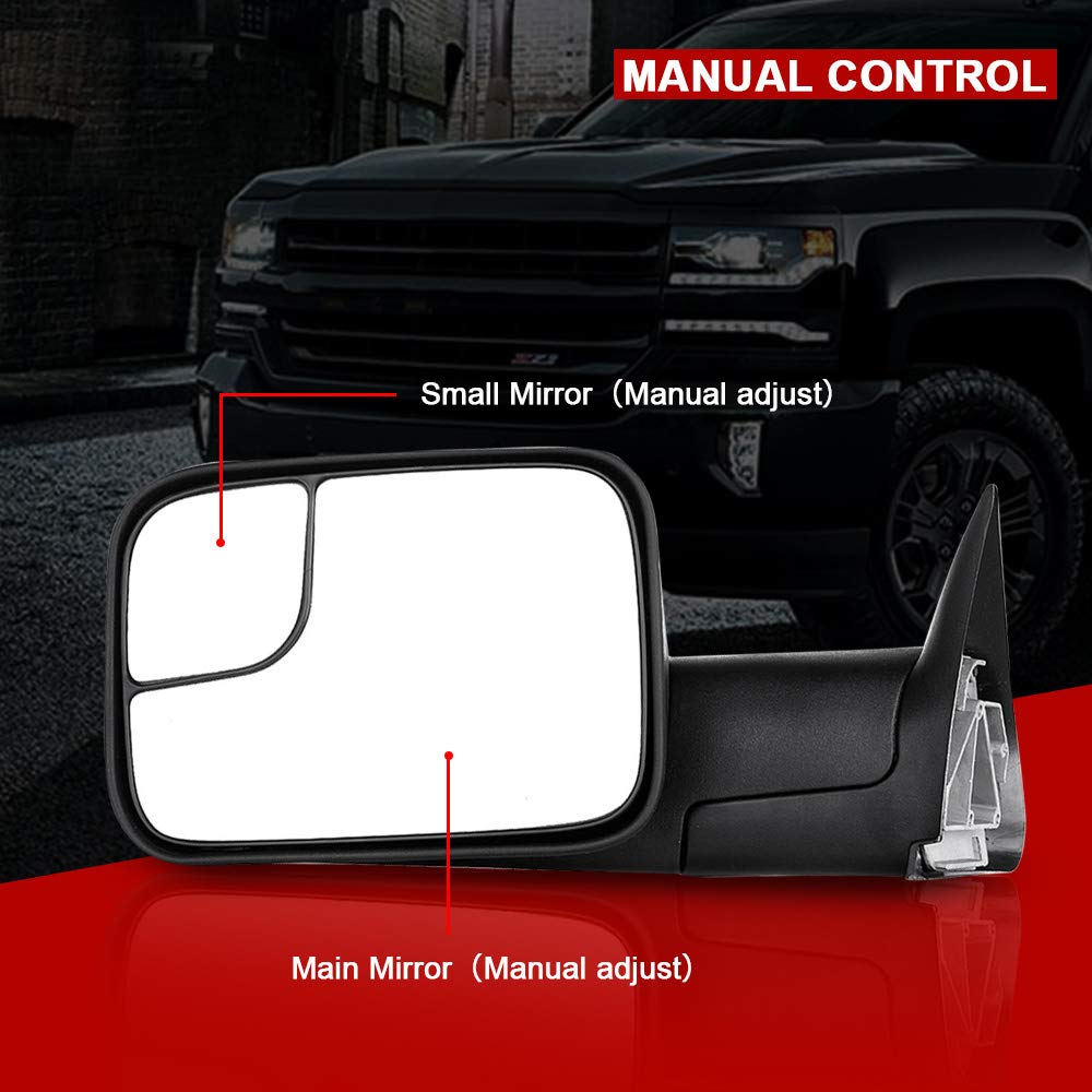 1994-2001 Dodge Ram 1500 & 2002 Ram 2500/3500 Manual Adjust Towing Mirrors - Black Pair (LH & RH) - No Heat/No Turn Signal - Perfect for Towing & Off-Road Adventures