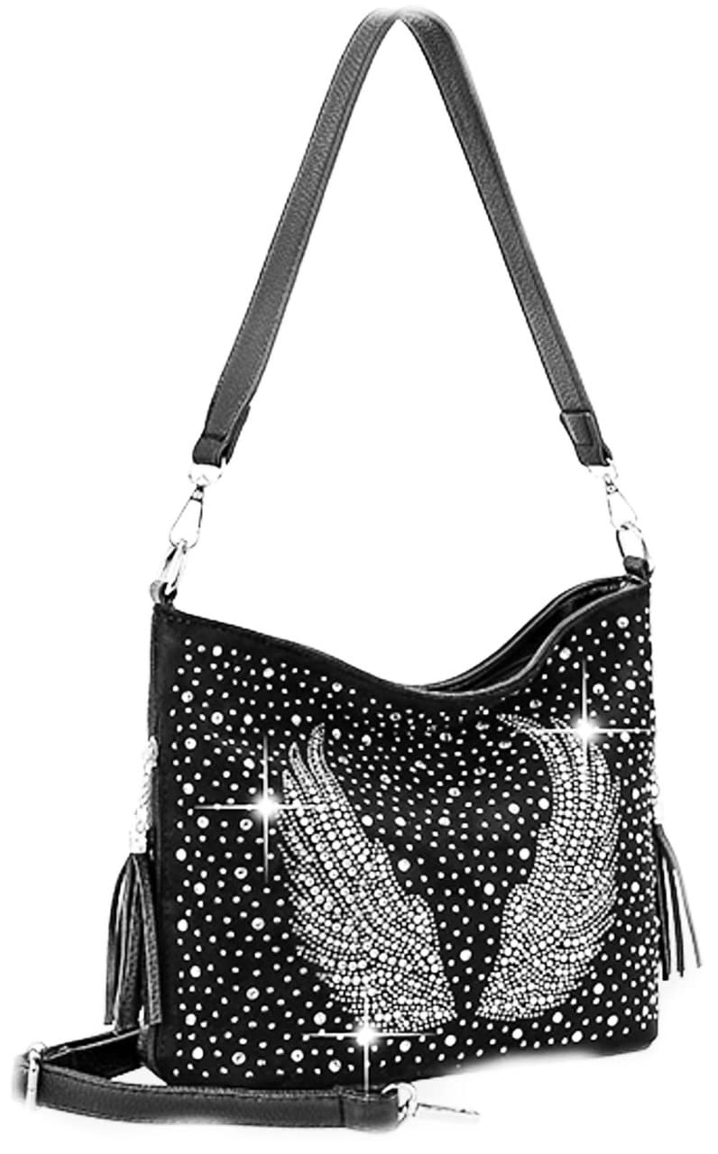 Zzfab Rhinestone Crossbody Bag for Women - Small Hobo Purse with Bling, Black Shiny Evening Clutch for Party, Wedding, and Night Out