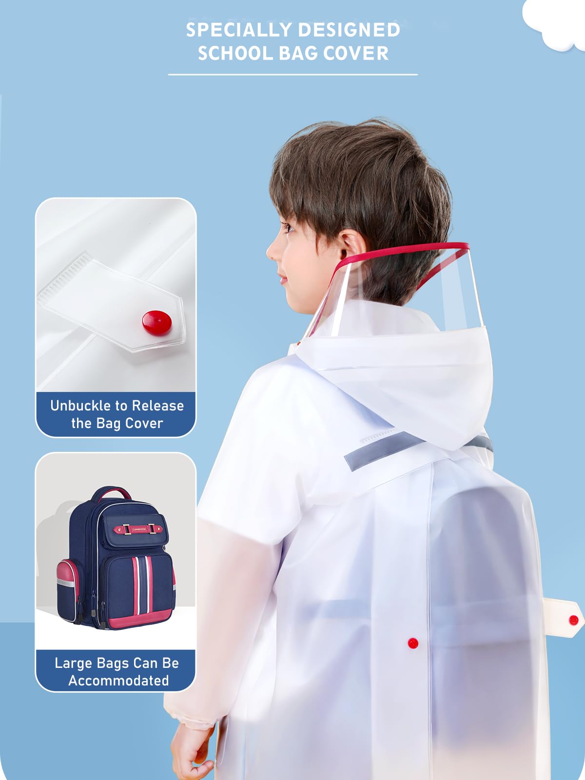 Kids Raincoat with Backpack Pocket - Boys & Girls Waterproof Rain Poncho Jacket with Reflective Strip for School & Outdoor Play