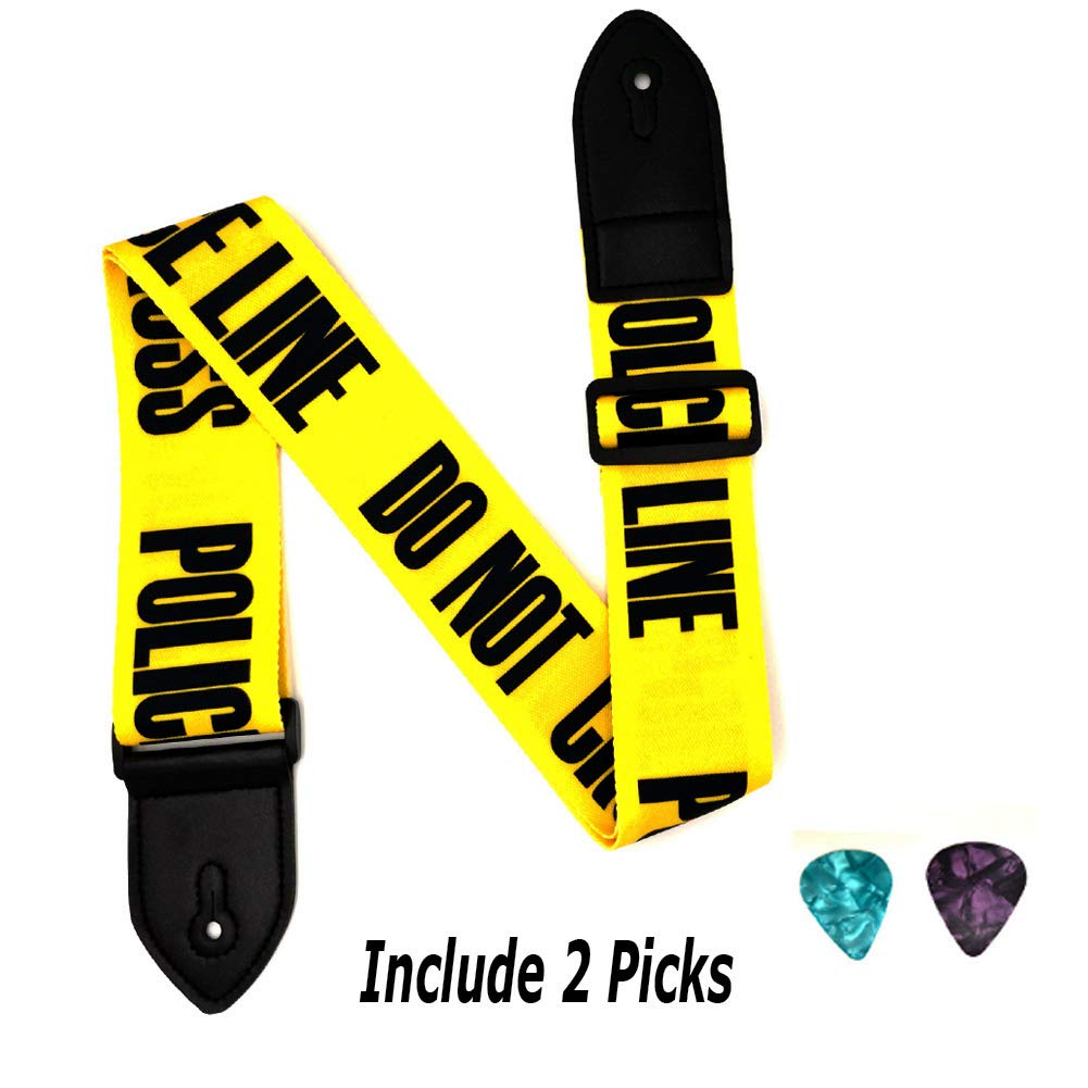 Premium Adjustable Guitar Strap with Leather Ends - Universal Fit for Bass, Electric & Acoustic Guitars - Comfortable & Durable (Yellow Police Line Design) - Perfect for Live Performances, Studio Sessions & Practice