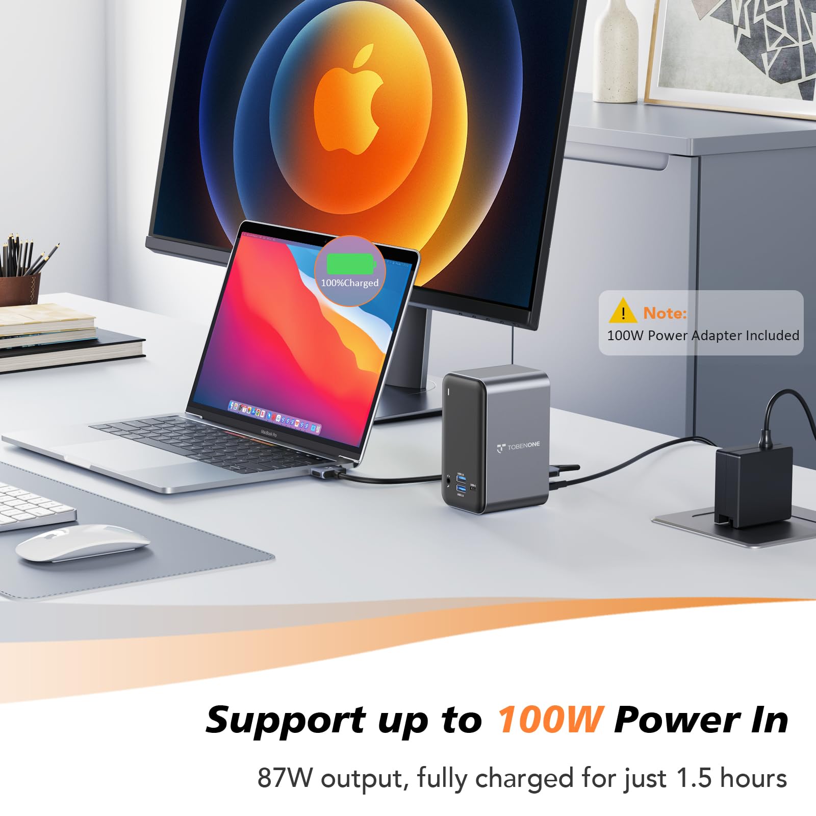 TobenONE Dual Monitor Docking Station with 100W GaN III Charger - USB C Hub for MacBook Pro/Air, 2x 4K HDMI, 7 USB Ports, SD/Micro SD, Gigabit Ethernet, 87W PD, Audio Jack - Perfect for Home Office & Remote Work Setup