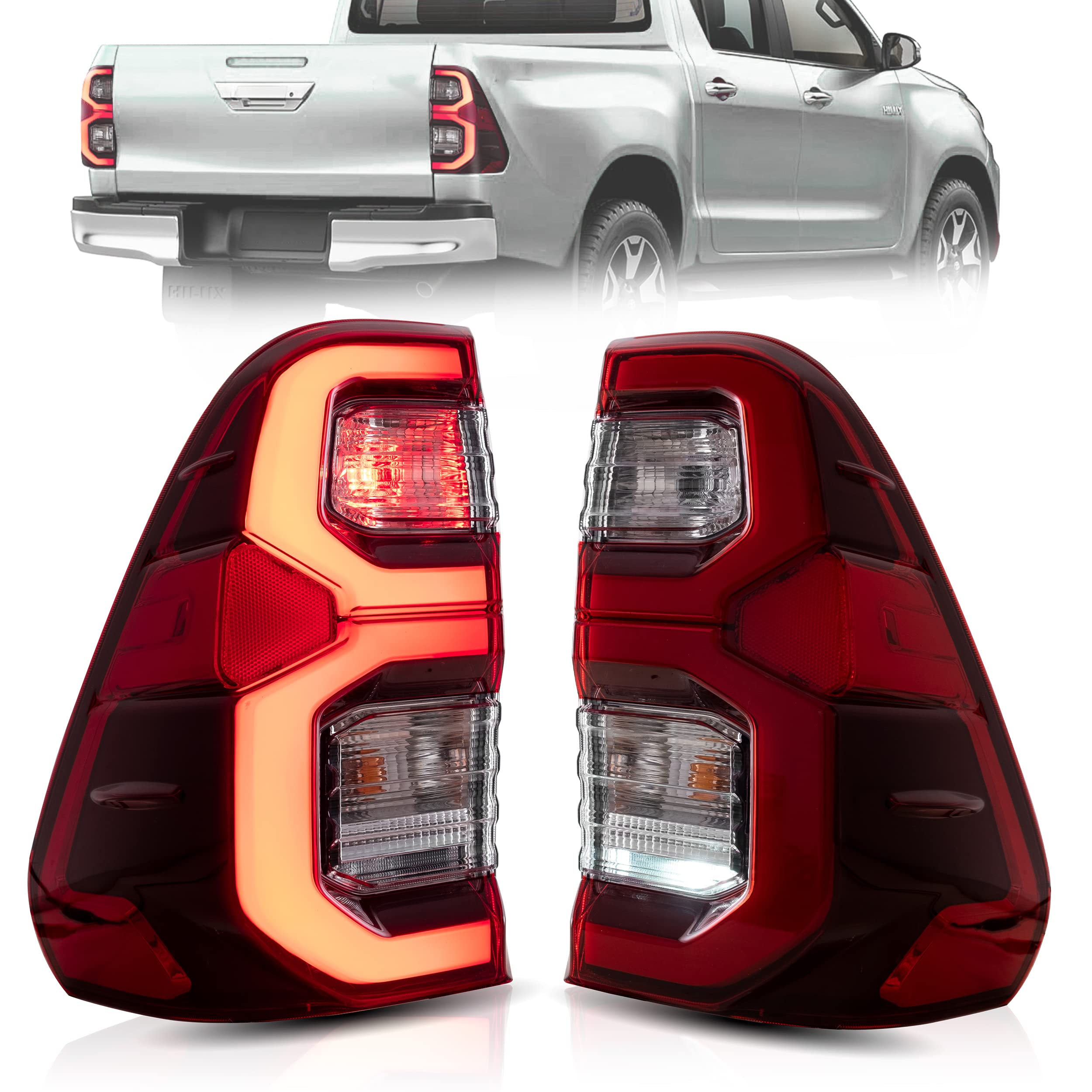 VLAND LED Tail Lights Assembly for Toyota Hilux 2015-2020 - Compatible with Base, Chasis, Doble Cab, SR, DLX Models (Not for Tonka) - Red Rear Lamps with DRL & Turn Signal - Perfect for Off-Roading & Night Driving