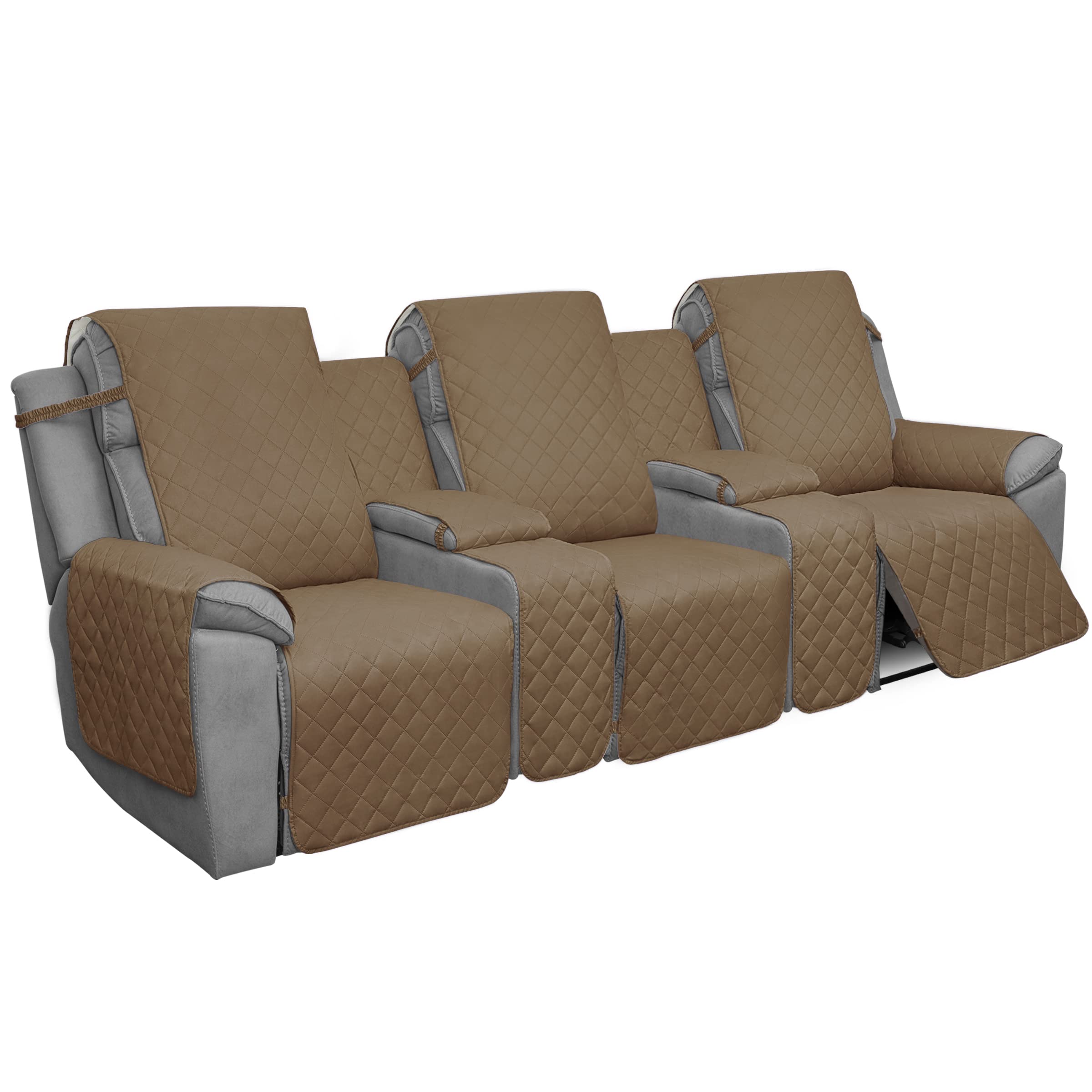Reversible 3-Seater Recliner Sofa Cover with Console - Split Design, Elastic Straps for Pets & Kids - Camel/Ivory Living Room Couch Protector - Perfect for Family Gatherings, Pet Owners & Home Decor