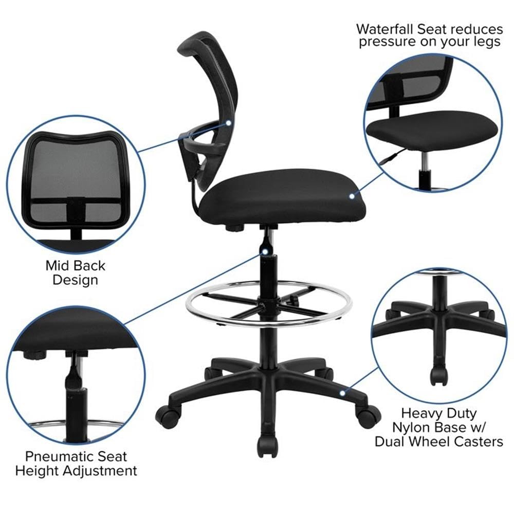 Flash Furniture Elaine Mid-Back Black Mesh Drafting Chair - Adjustable Office Chair with Lumbar Support for Architects, Designers & Home Office Use