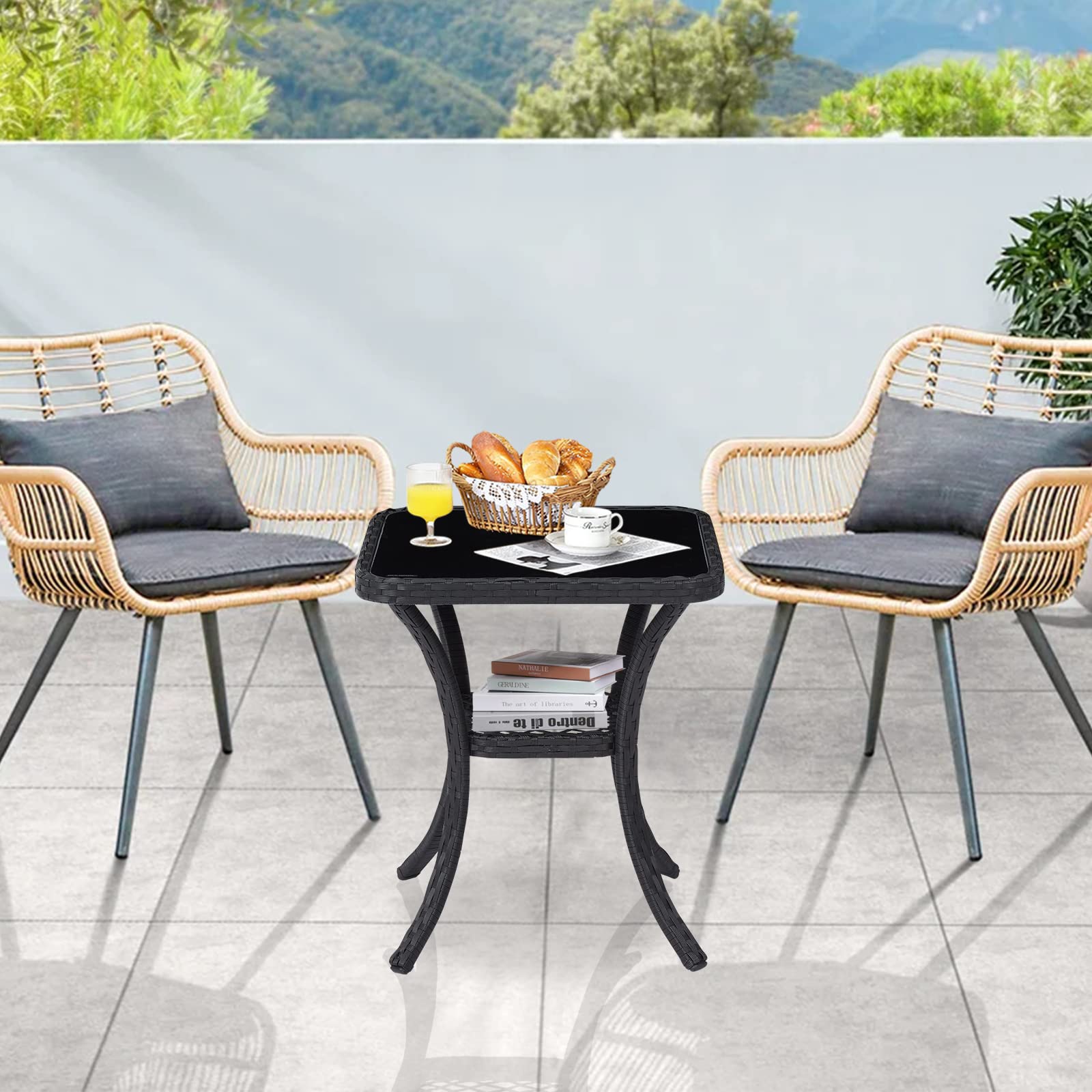 Black Wicker Patio Side Table with Glass Top and Storage Shelf - Outdoor Square Coffee Table for Garden, Balcony, and Poolside Relaxation