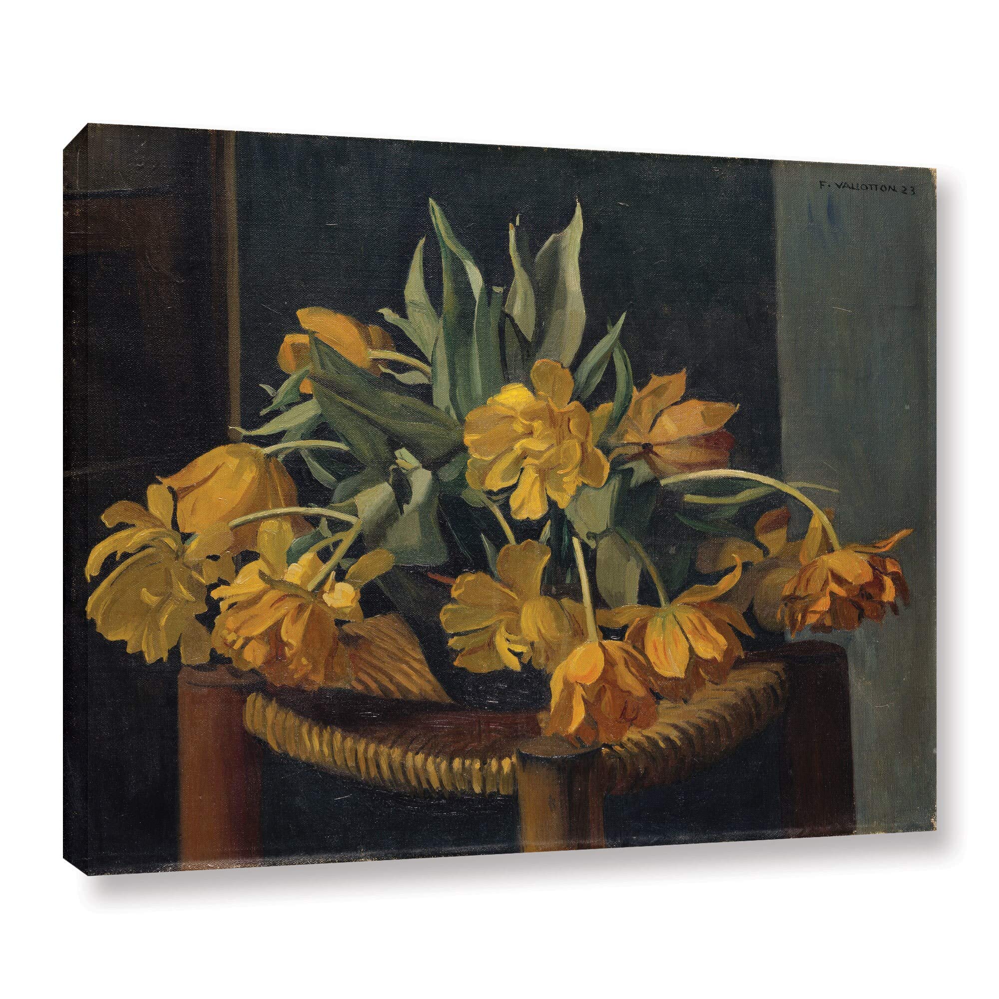 Felix Edouard Vallotton Double Yellow Tulips on Wicker Chair Canvas Art Print - 36x48 Inch Gallery Wrapped Wall Decor for Living Room, Bedroom & Office