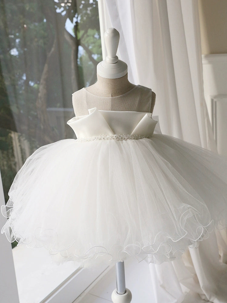 White Princess Round Tea Length Satin Flower Girl Dress for Weddings, Flower Girls & Special Occasions