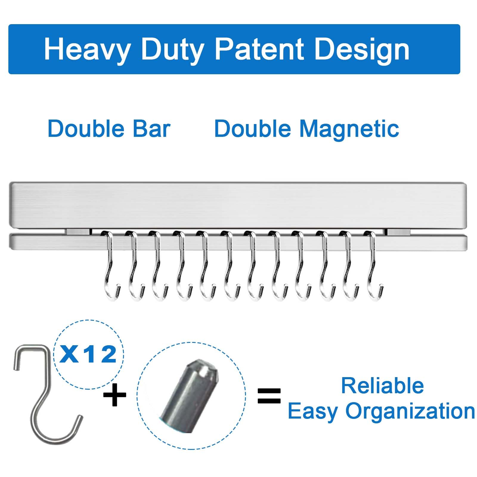 17 Inch Magnetic Knife Holder for Wall - No Drill or Drill Options with 12 Hooks - Strong Adhesive Double Magnetic Bar - 304 Stainless Steel Knife Strip - Perfect for Kitchen Utensil Organization - Ideal for Home Chefs & Professional Kitchens