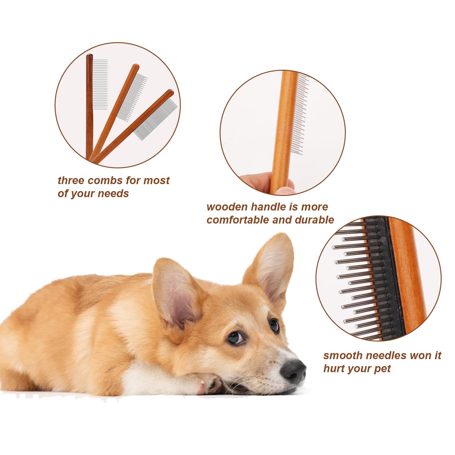 3pcs Solid Wooden Pet Grooming Comb Set - Wide & Narrow Rounded-Tip Teeth for Cats, Dogs & Rabbits | Metal Flea & Tick Comb | Detangles Hair (3 Sizes) | Perfect for Home Grooming & Pet Salon Use