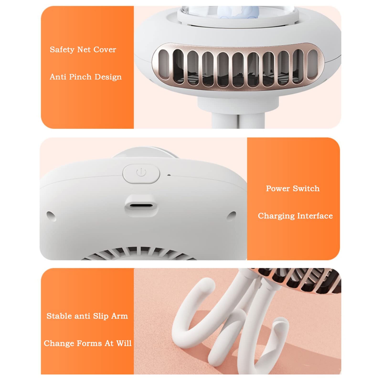 RVPECHWJ Mini Handheld Fan with Flexible Tripod - 4 Speed Portable Clip-on Fan for Stroller, Car Seat, Crib, Bike & Treadmill | Personal Cooling Fan for Home, Office, Travel & Outdoor Activities (Brass)