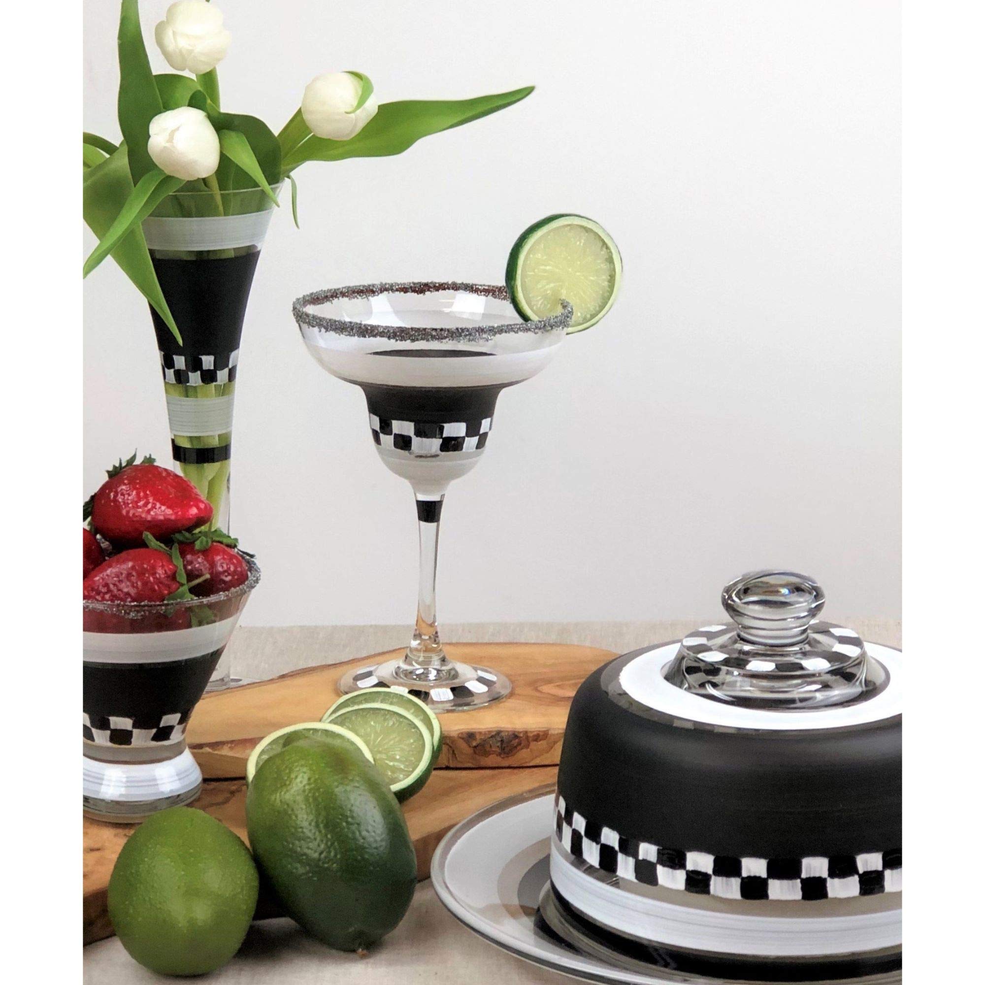 2-Pack Black and White Checkered Margarita Glasses - 6.75 Inch Cocktail Glasses for Margaritas, Mojitos & Party Drinks - Perfect for Cinco de Mayo, Summer BBQs & Themed Parties