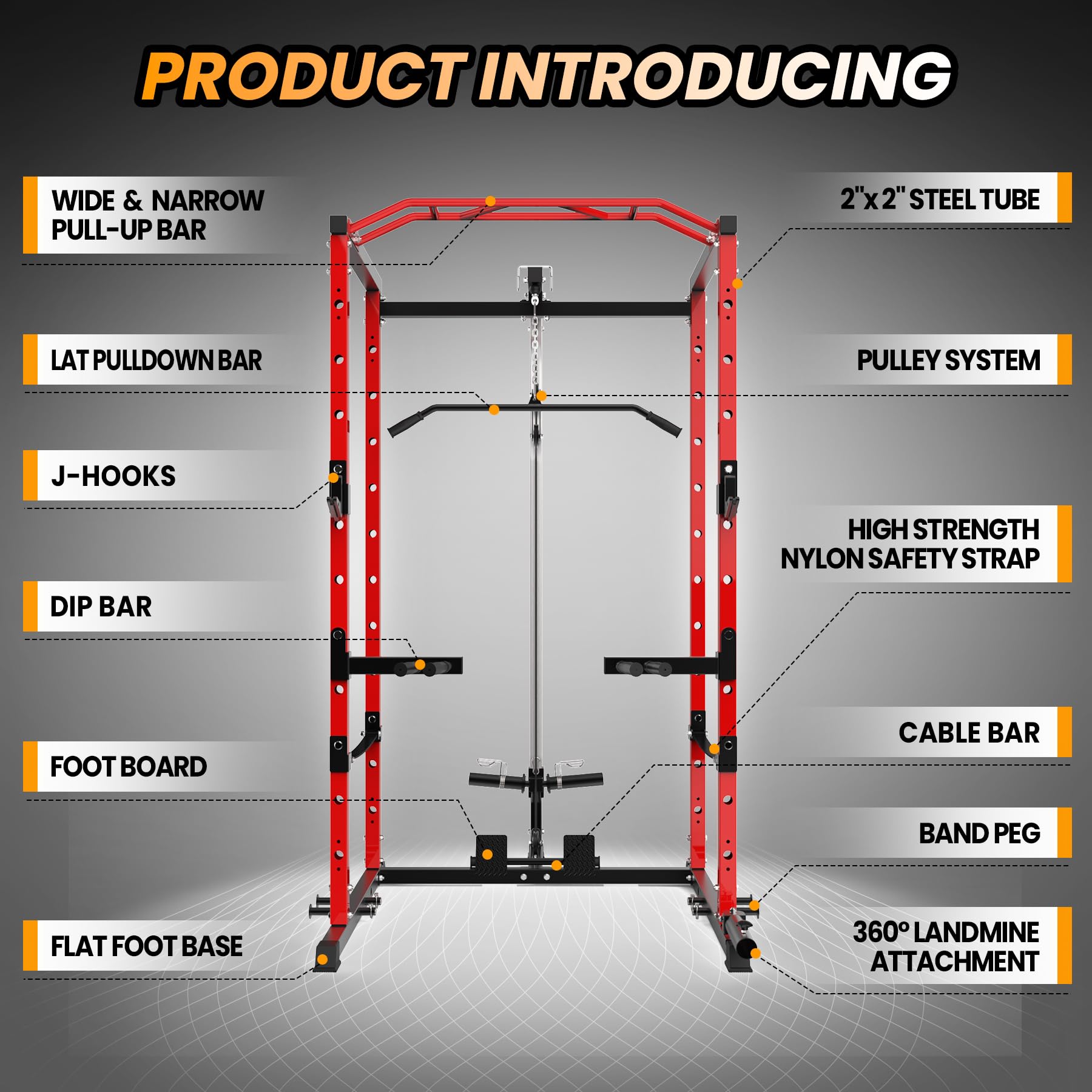 Power Cage with LAT Pulldown - Multi-Functional Home Gym Power Rack with Cable Pulley System, J-Hooks, Dip Bars & Landmine Attachment - Heavy Duty Squat Rack for Strength Training - Perfect for Home Workouts, Weight Lifting & CrossFit Training