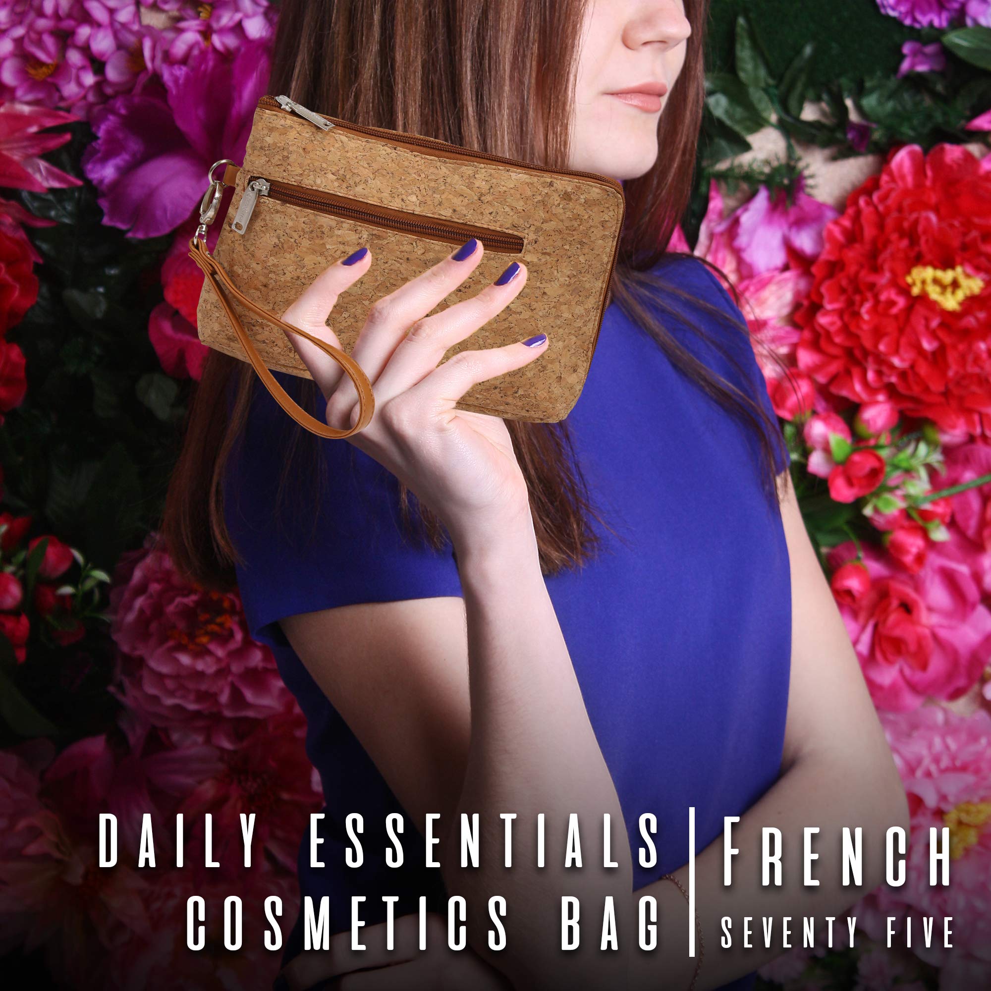 Primeware French 75 Daily Essentials Cosmetic Bag - Waterproof Cork Makeup Pouch for Travel, Gym & Organizer (Perfect for Toiletries, Jewelry & Small Accessories)