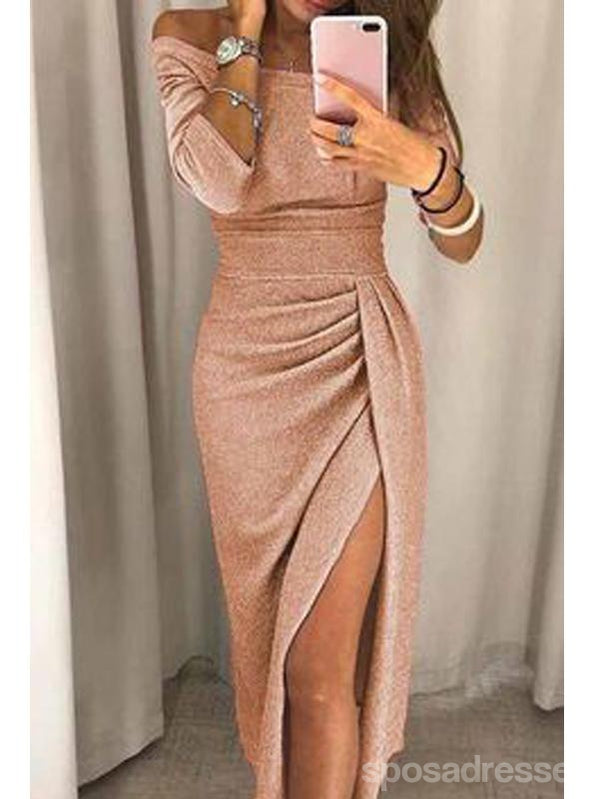 Elegant Champagne Mermaid Off-Shoulder Long Sleeve High Slit Prom Dress for Women - Perfect for Evening Gala, Homecoming, and Formal Events