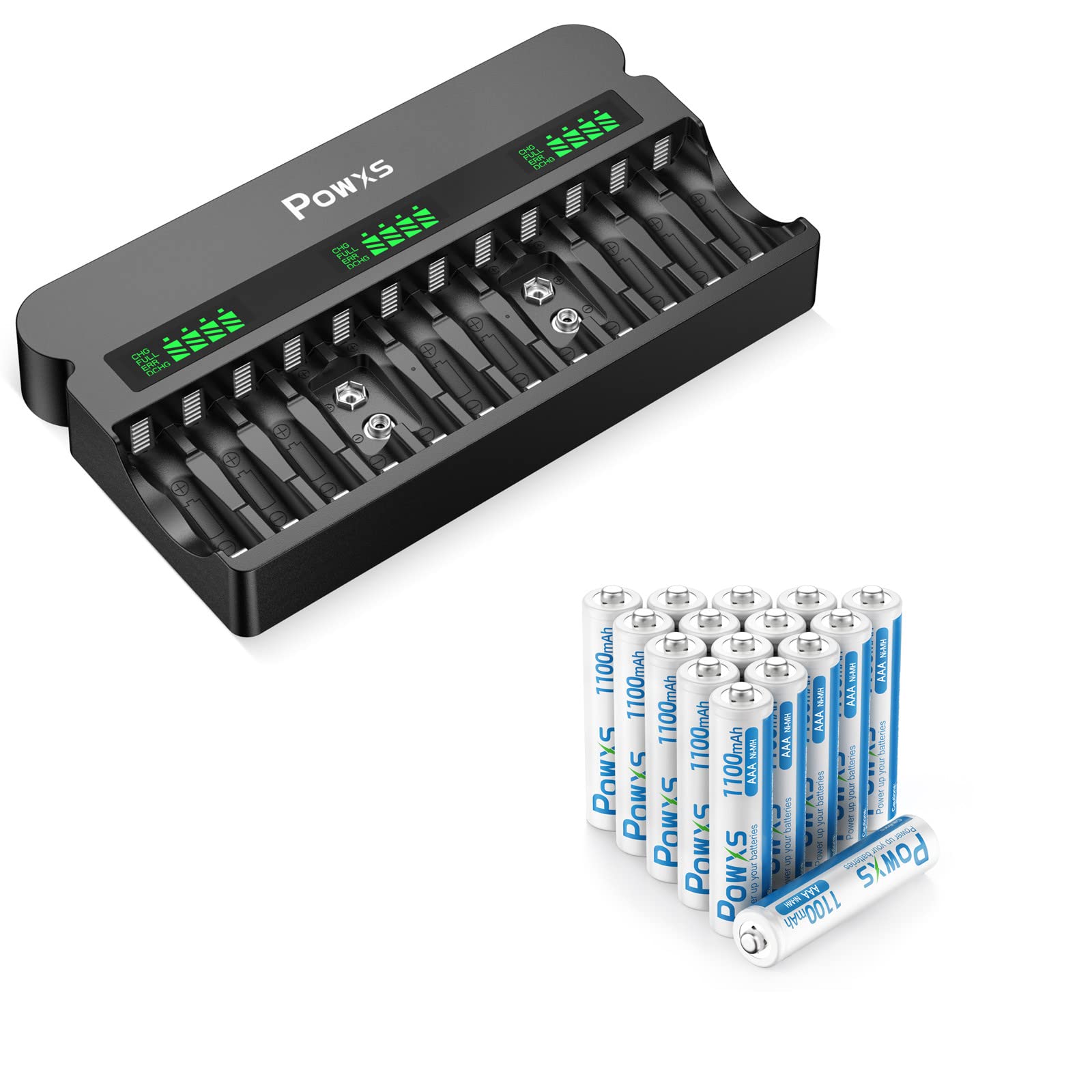POWXS LCD Universal 12 Bay AA AAA & 9V Battery Charger with 16 AAA Rechargeable Batteries - Fast Charging for Home, Office, Emergency Kits & Electronic Devices