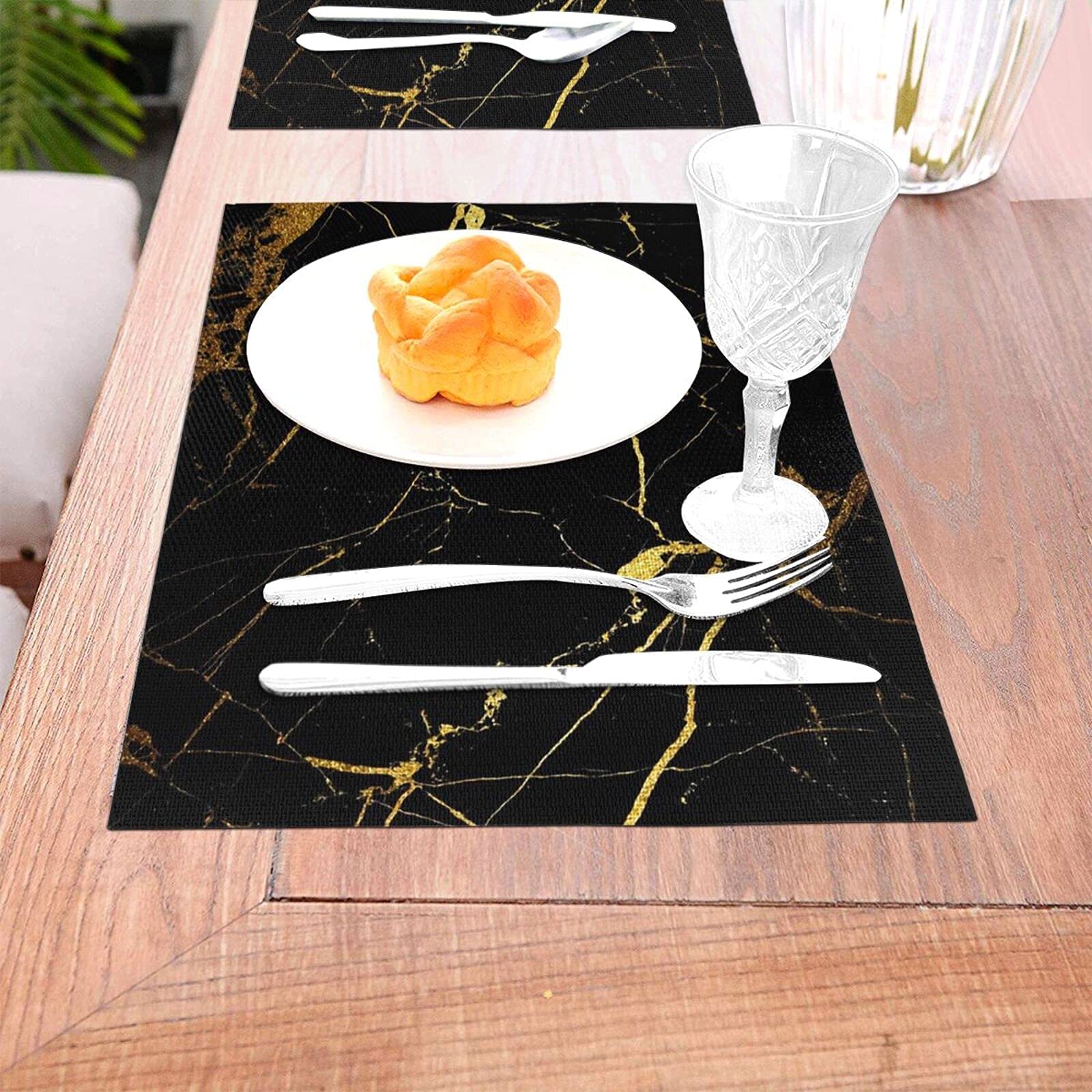 Premium Black Gold Marble Placemats Set of 4 - Heatproof Non-Slip Vinyl Place Mats for Dining & Kitchen Tables - Washable Woven Table Mats for Everyday Use, Dinner Parties & Holiday Decor