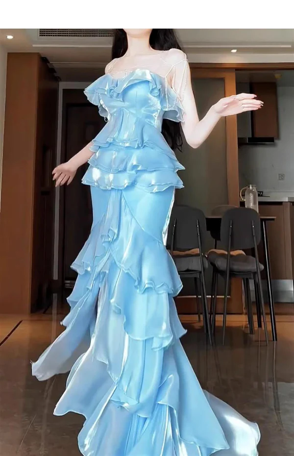 Elegant Blue Mermaid Strapless Long Ruffled Prom Dress J6758 for Women - Perfect for Homecoming, Evening Gala & Special Occasions
