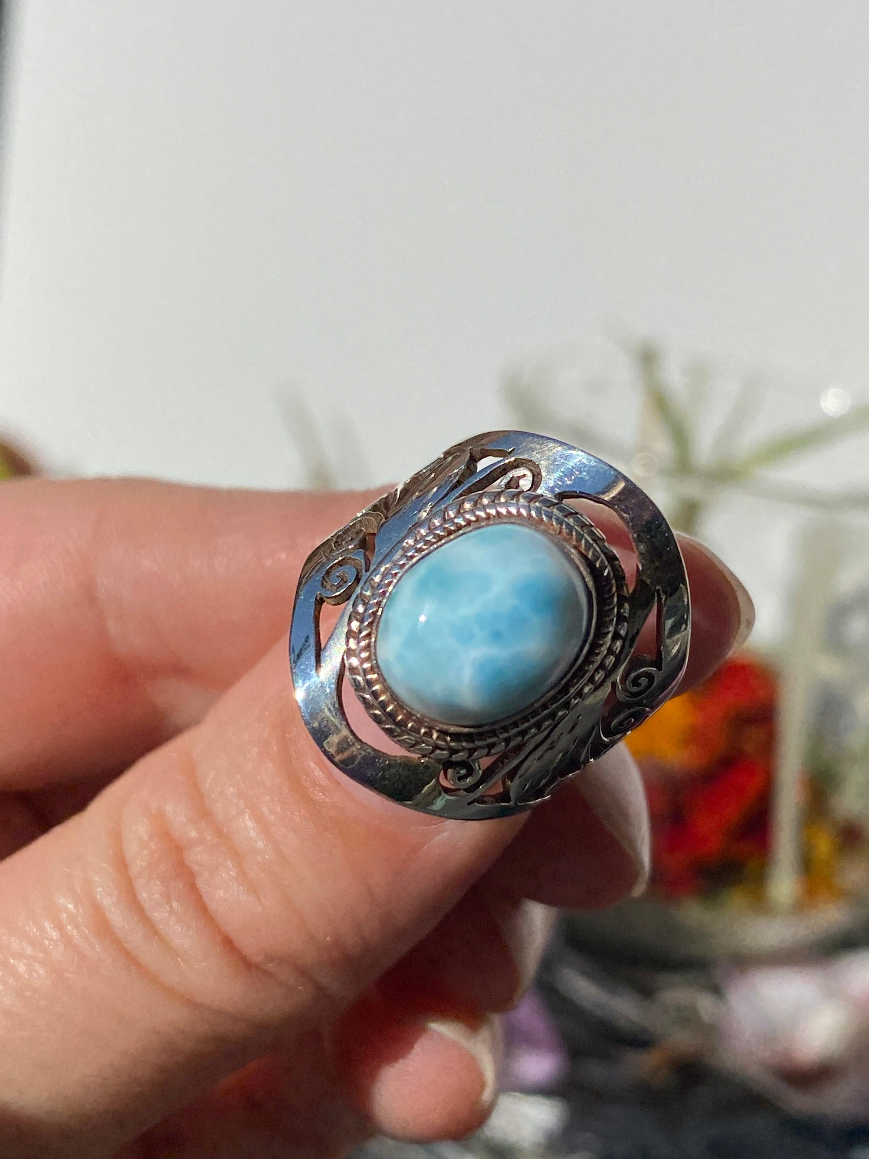 Larimar Oval Cabochon Ring with Detailed Banding - Handmade Sterling Silver Jewelry - Perfect for Beach Weddings & Boho Fashion